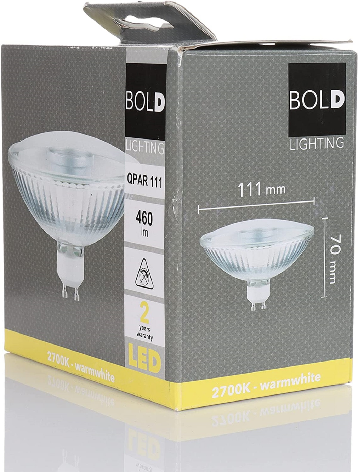 Ein Glühlampenkarton mit der Aufschrift 'BOLD LIGHTING', mit Abbildung und Spezifikationen.