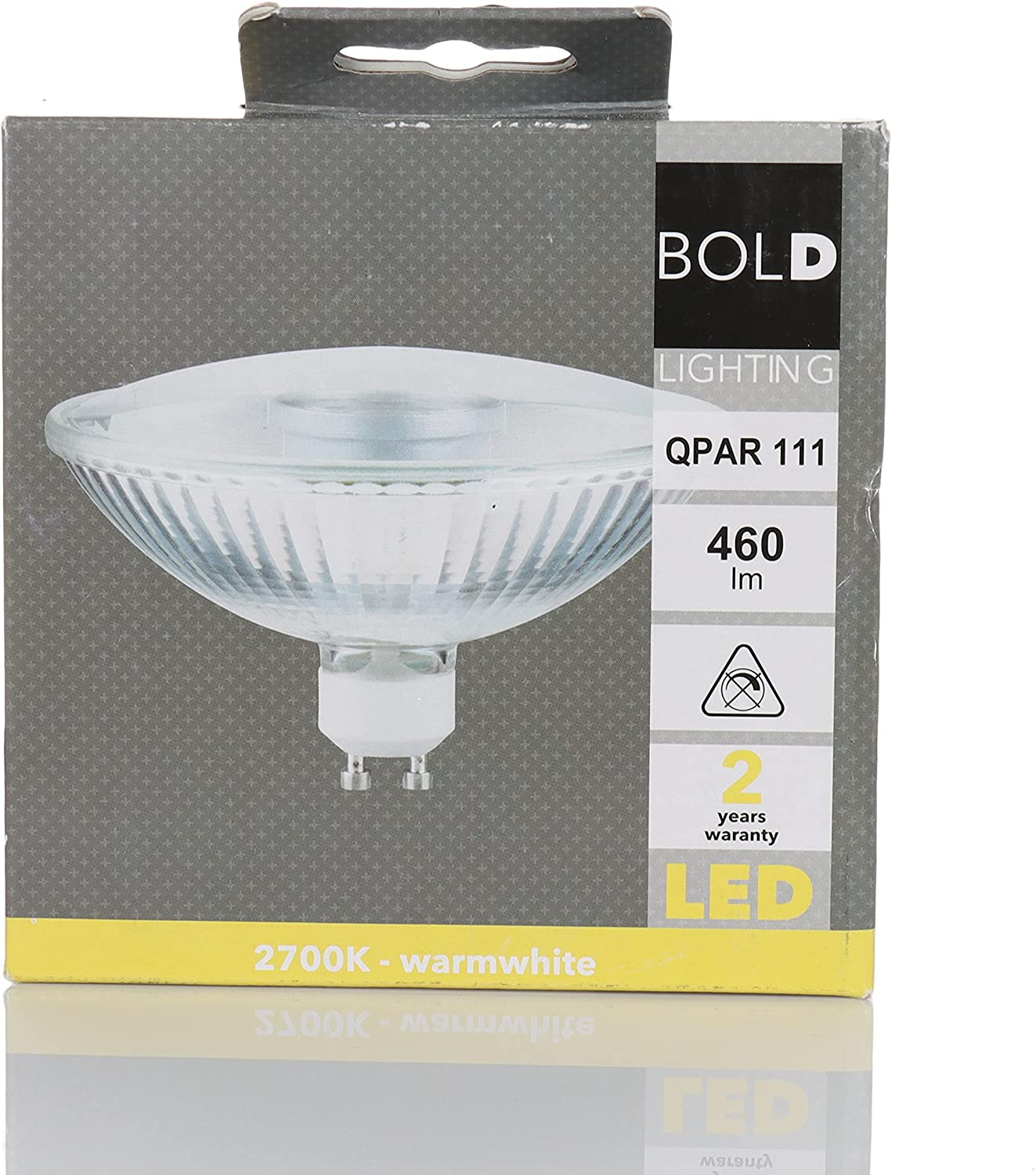 Box mit einem Glühbirnenbild, weiß und gelb, Text 'BOLD LIGHTING', LED und '2 Jahre Garantie'.