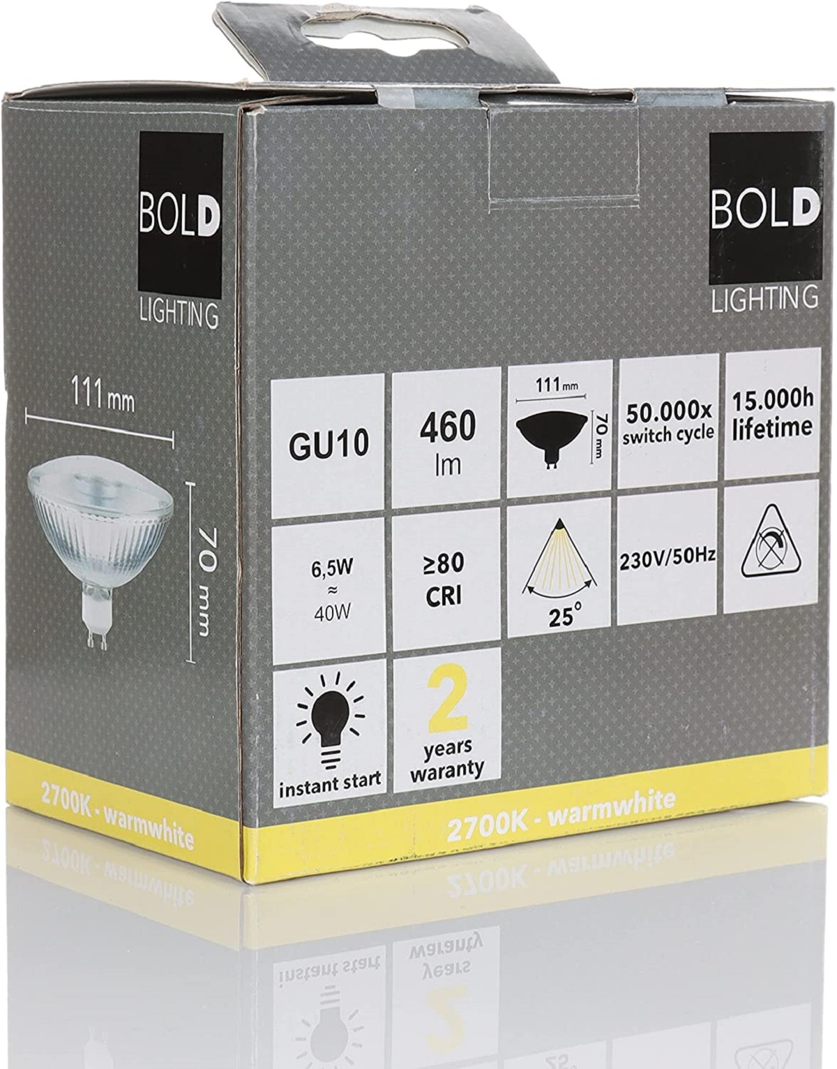 Verpackte GU10-LED-Lampe mit Spezifikationen. Enthält Details zu Abmessungen, Helligkeit und Garantieinformationen.