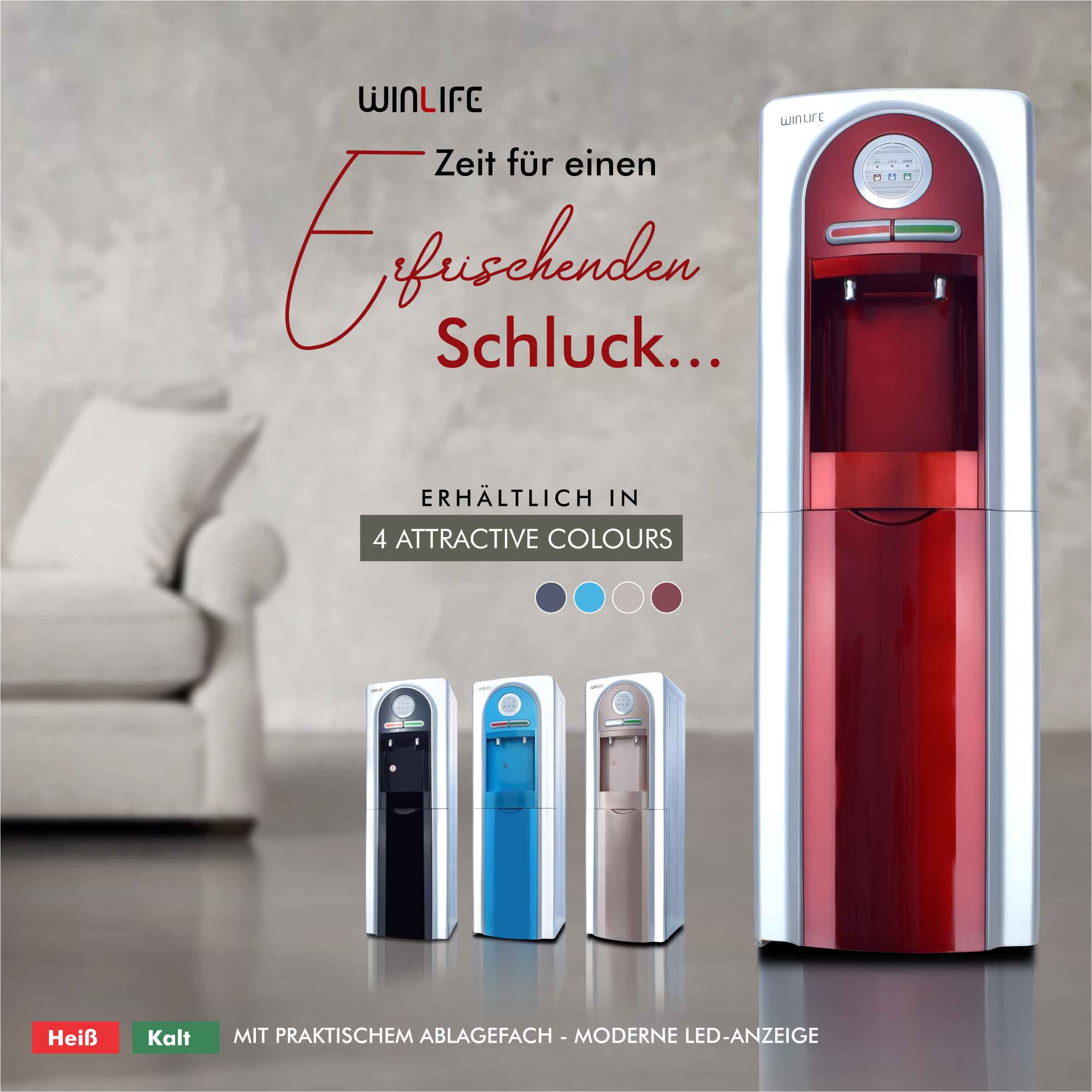 Ein roter und silberner Wasserspender mit weißem Hintergrund und drei kleinere Spender.