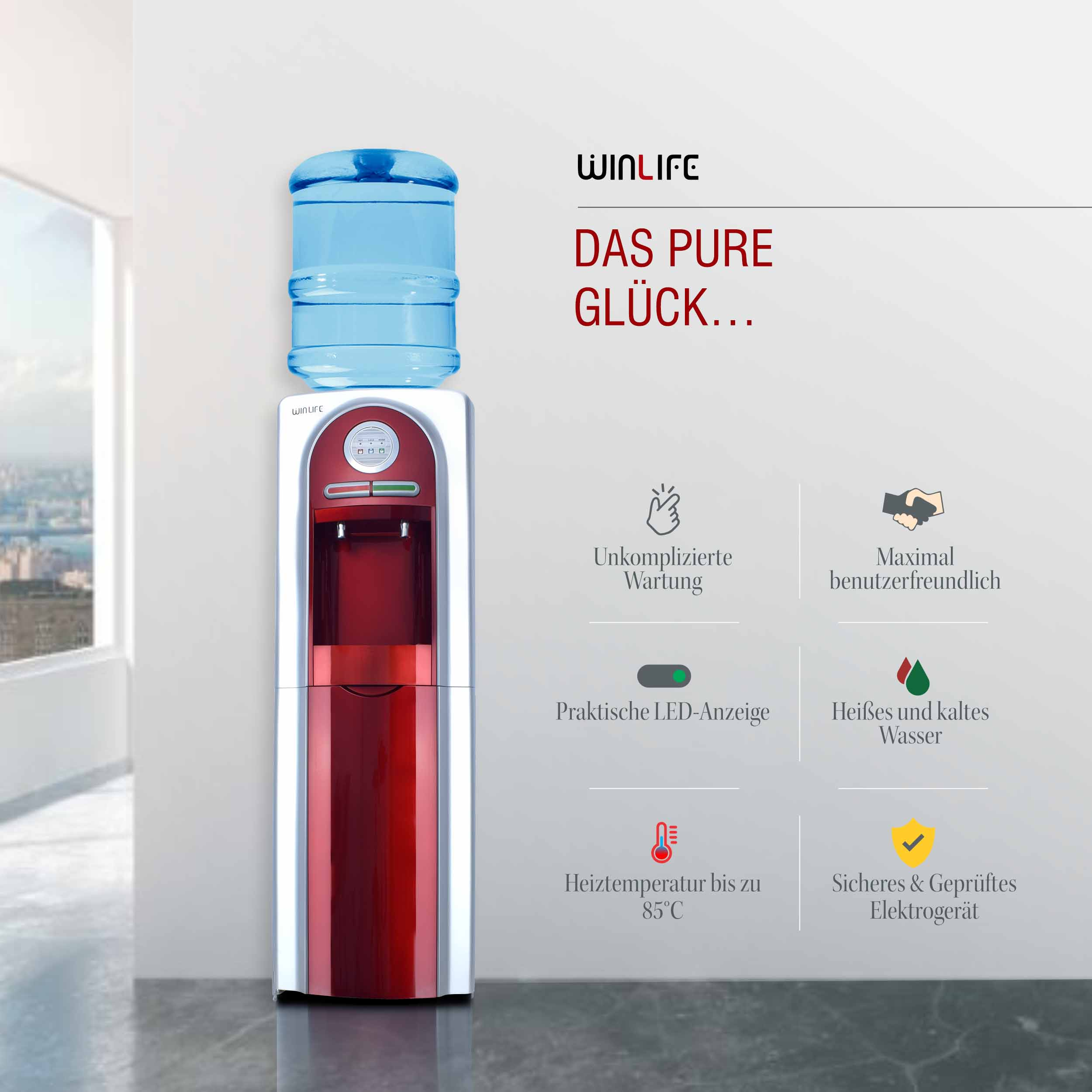 Wasserspender, rot und weiß, mit Text und blauer Wasserflasche oben drauf.
