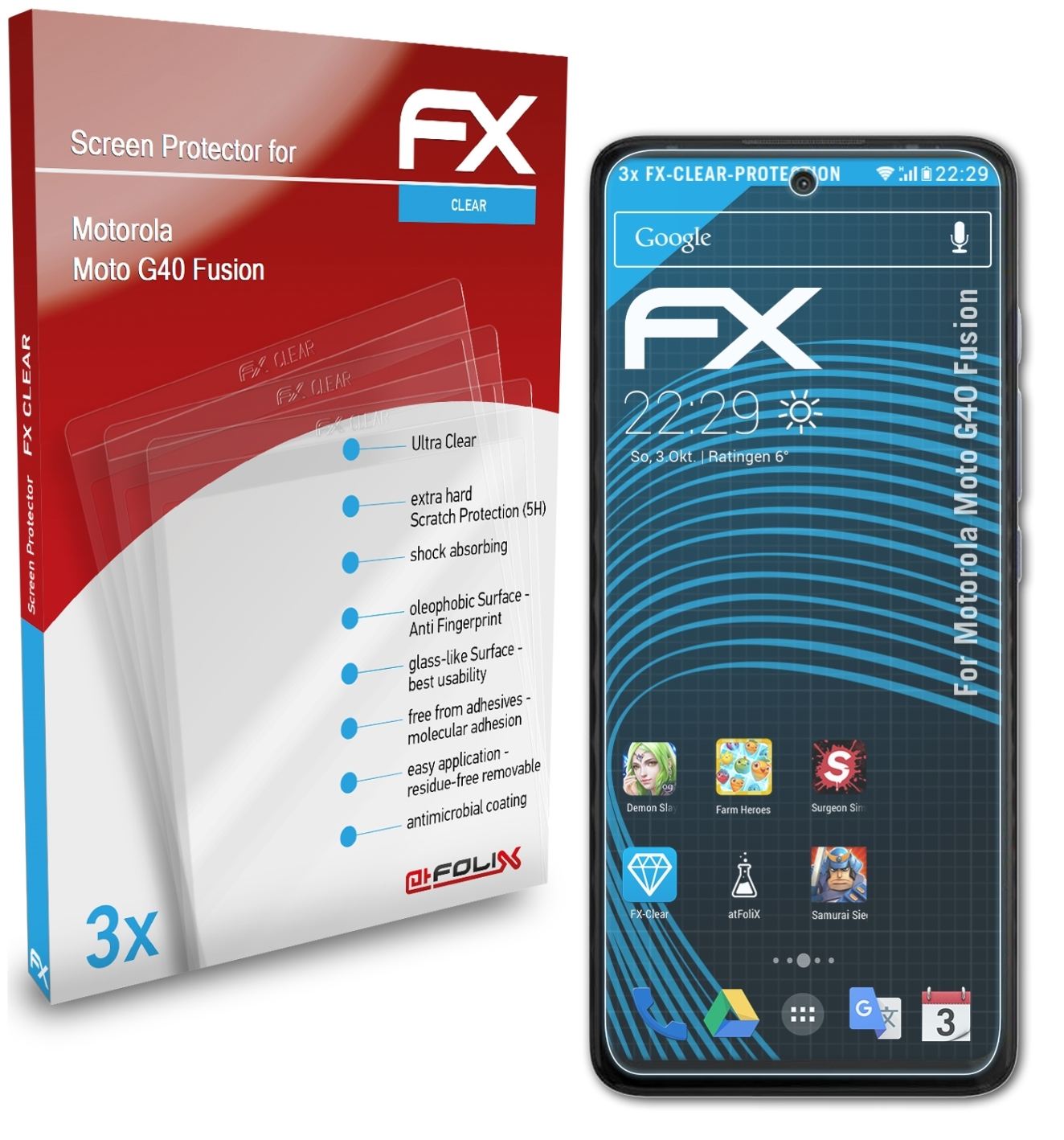 3x Motorola Fusion) FX-Clear G40 ATFOLIX Moto Displayschutz(für