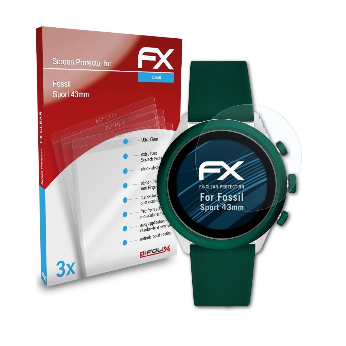 ATFOLIX 3x FX-Clear Displayschutz(für Sport (43mm)) Fossil