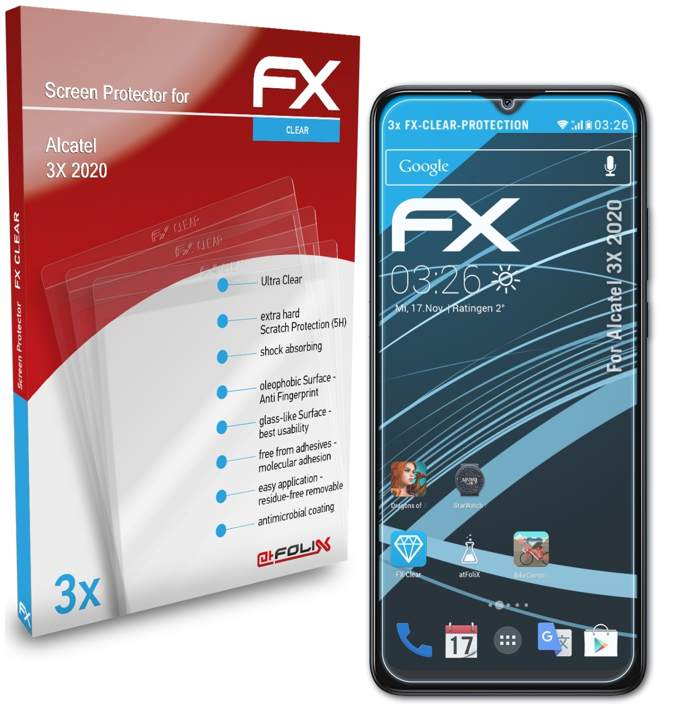 Alcatel FX-Clear 3X (2020)) 3x ATFOLIX Displayschutz(für