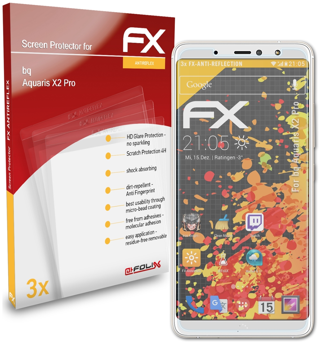 3x Displayschutz(für bq Pro) X2 ATFOLIX FX-Antireflex Aquaris