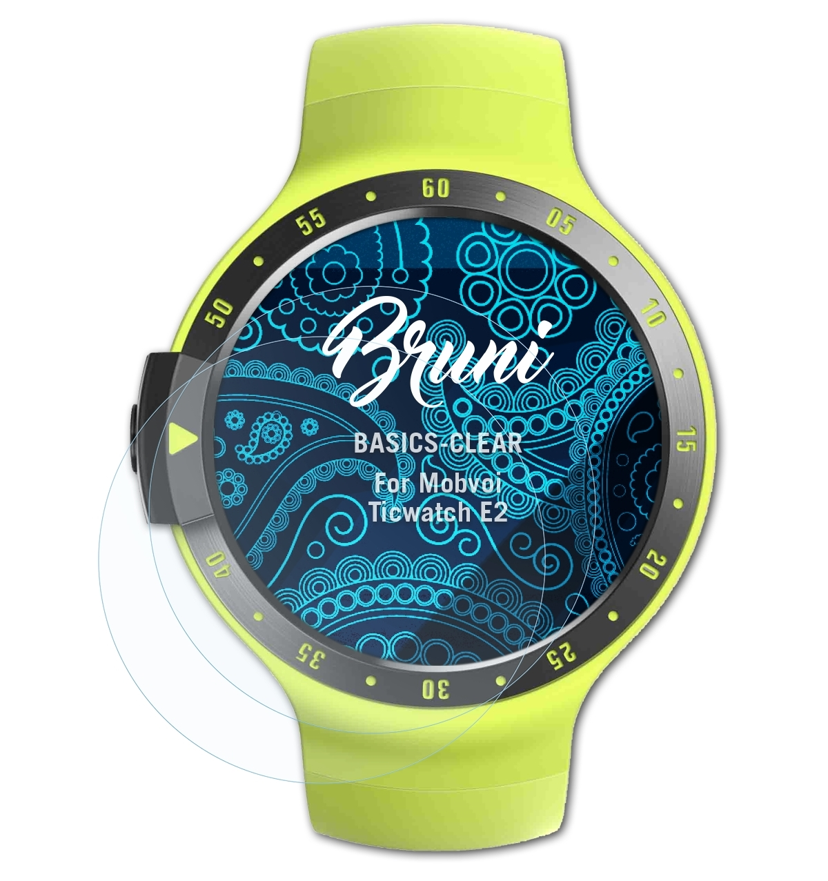 Smartwatch mit Displayschutz. Der Bildschirm zeigt ein blaues Blumendesign und den Text Bruni.