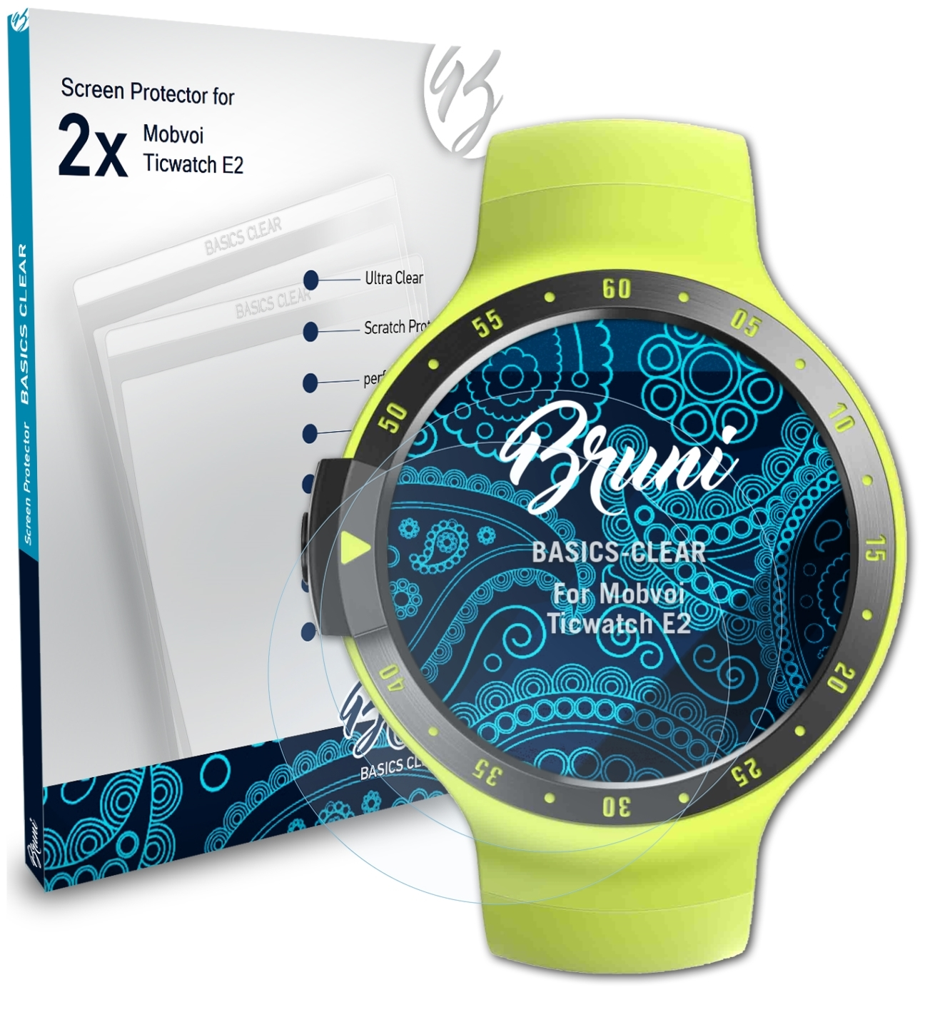 BRUNI 2x Basics-Clear Schutzfolie(für Mobvoi E2) Ticwatch