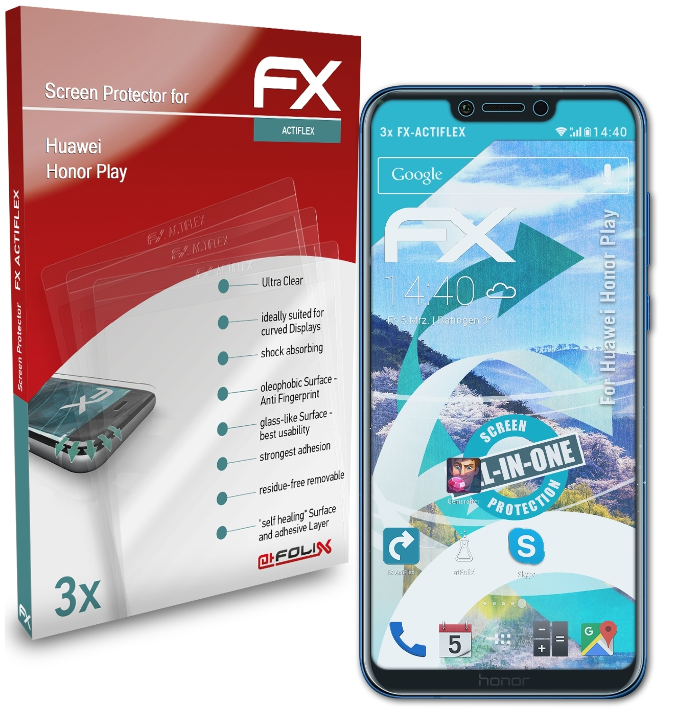 ATFOLIX Honor Huawei Displayschutz(für Play) FX-ActiFleX 3x