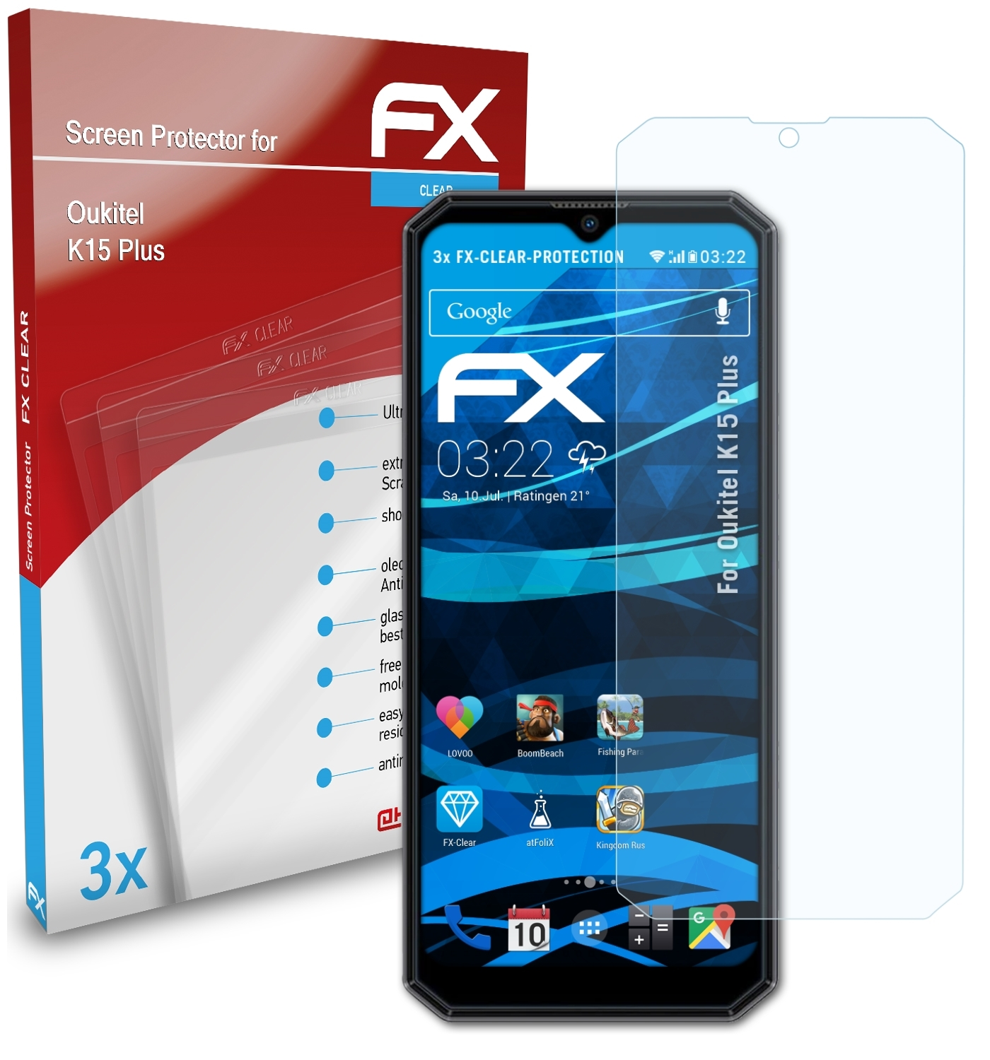 ATFOLIX 3x Oukitel Displayschutz(für Plus) FX-Clear K15