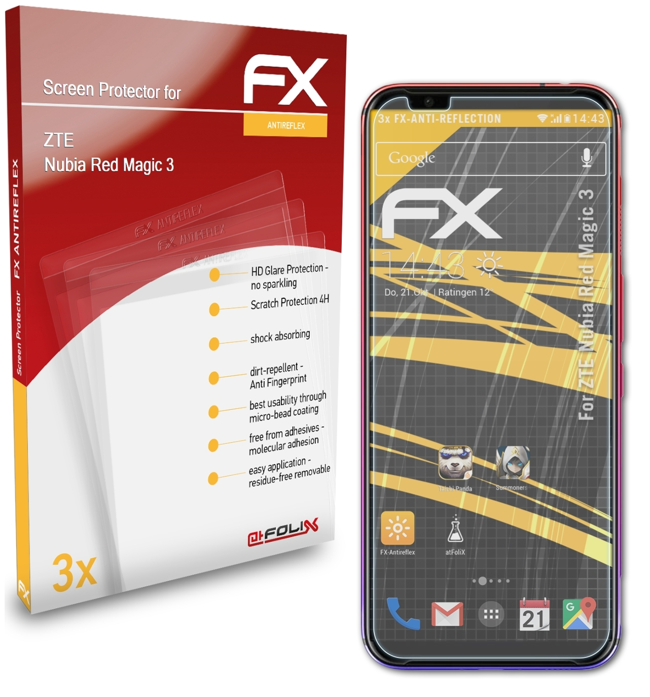 ATFOLIX 3x FX-Antireflex Magic ZTE Red Displayschutz(für Nubia 3)