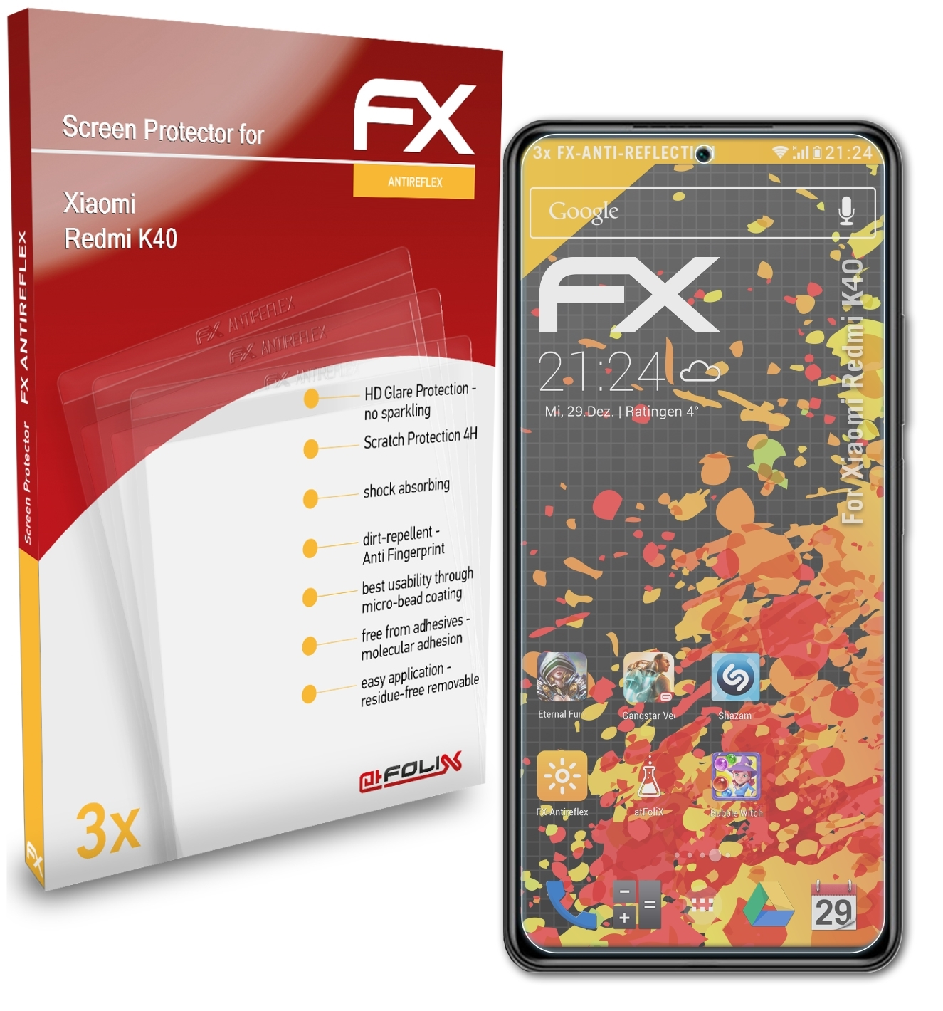 Displayschutz(für Xiaomi FX-Antireflex K40) ATFOLIX 3x Redmi