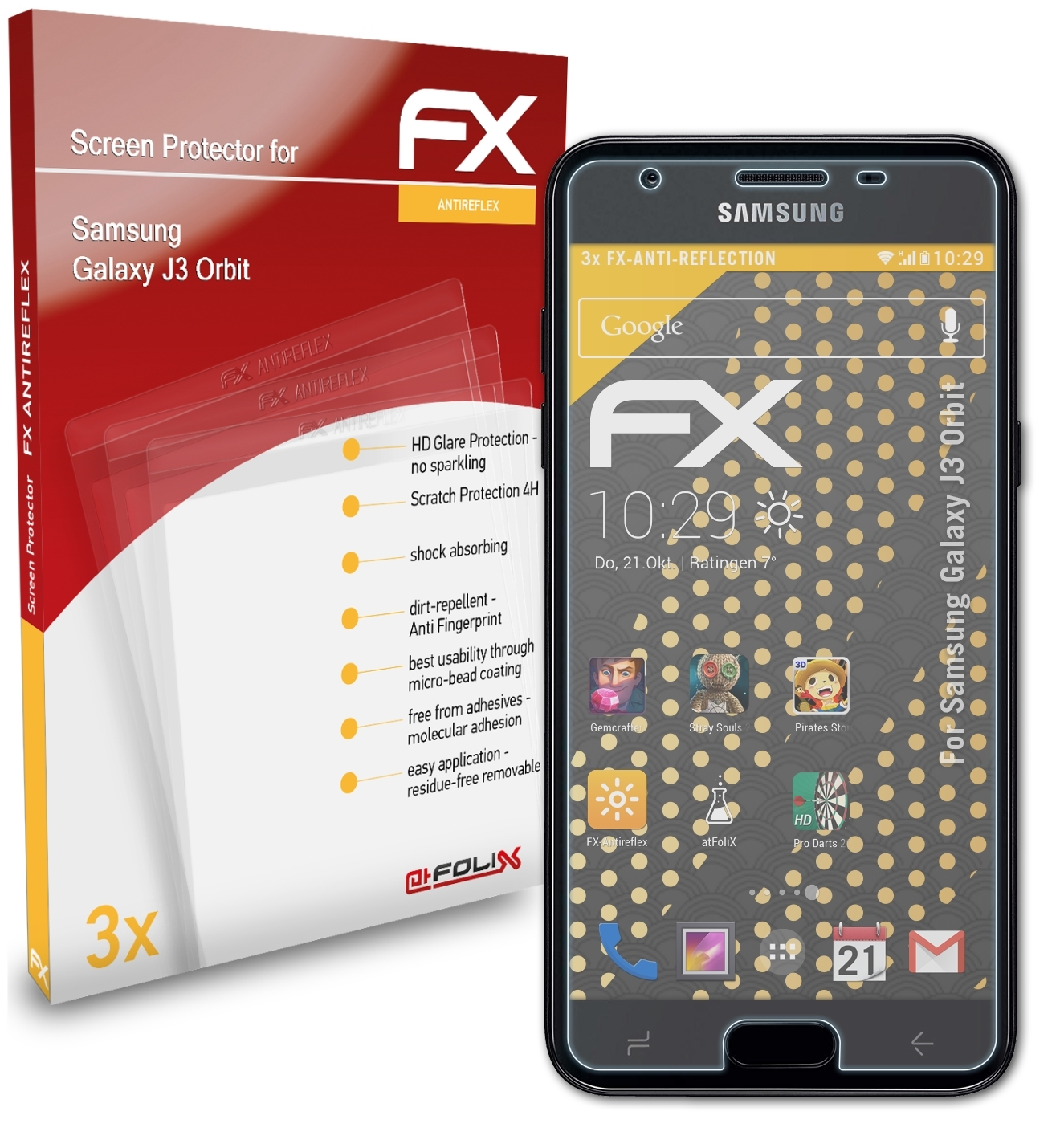 ATFOLIX 3x Galaxy Orbit) J3 FX-Antireflex Displayschutz(für Samsung