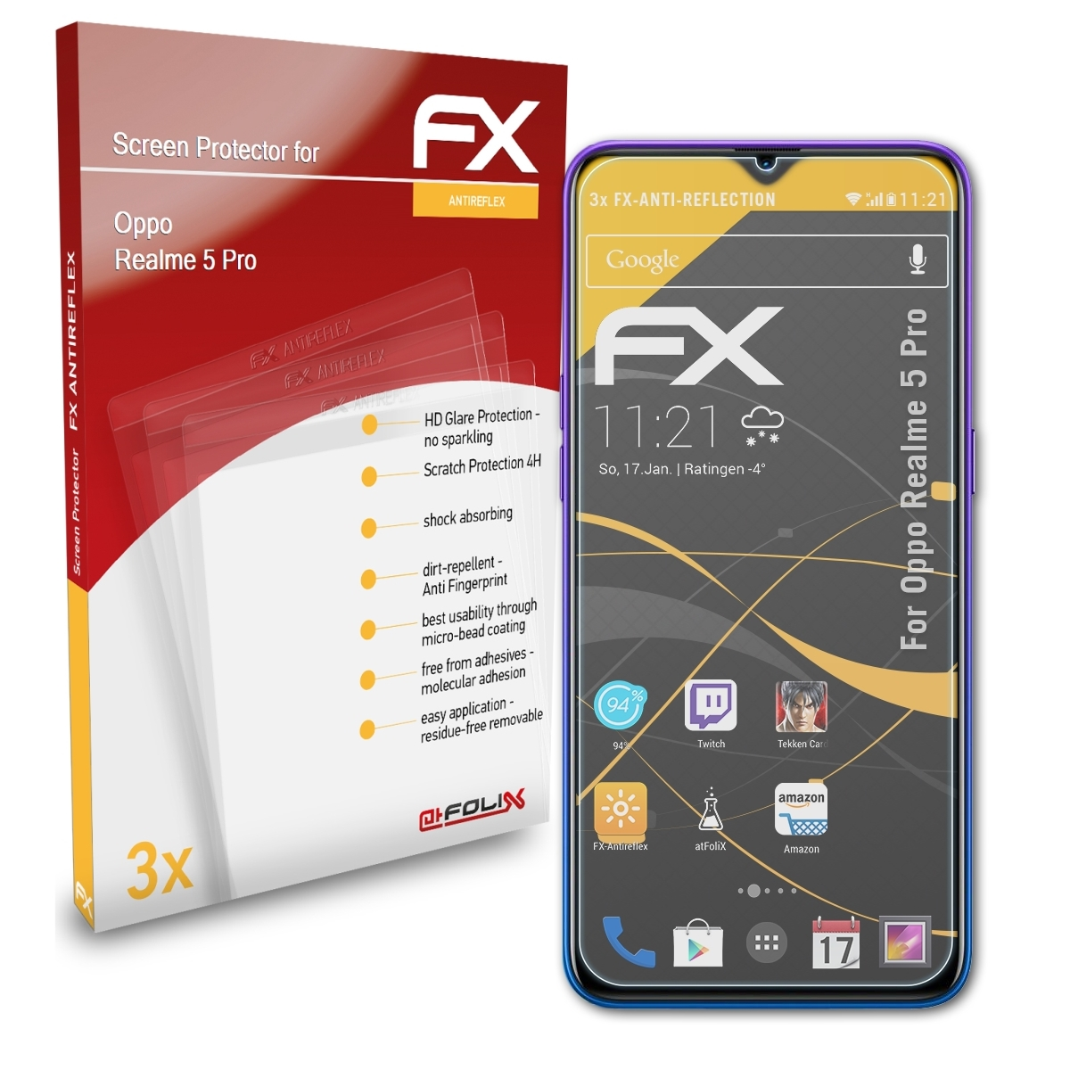 Displayschutz(für Pro) ATFOLIX Realme 5 Oppo FX-Antireflex 3x