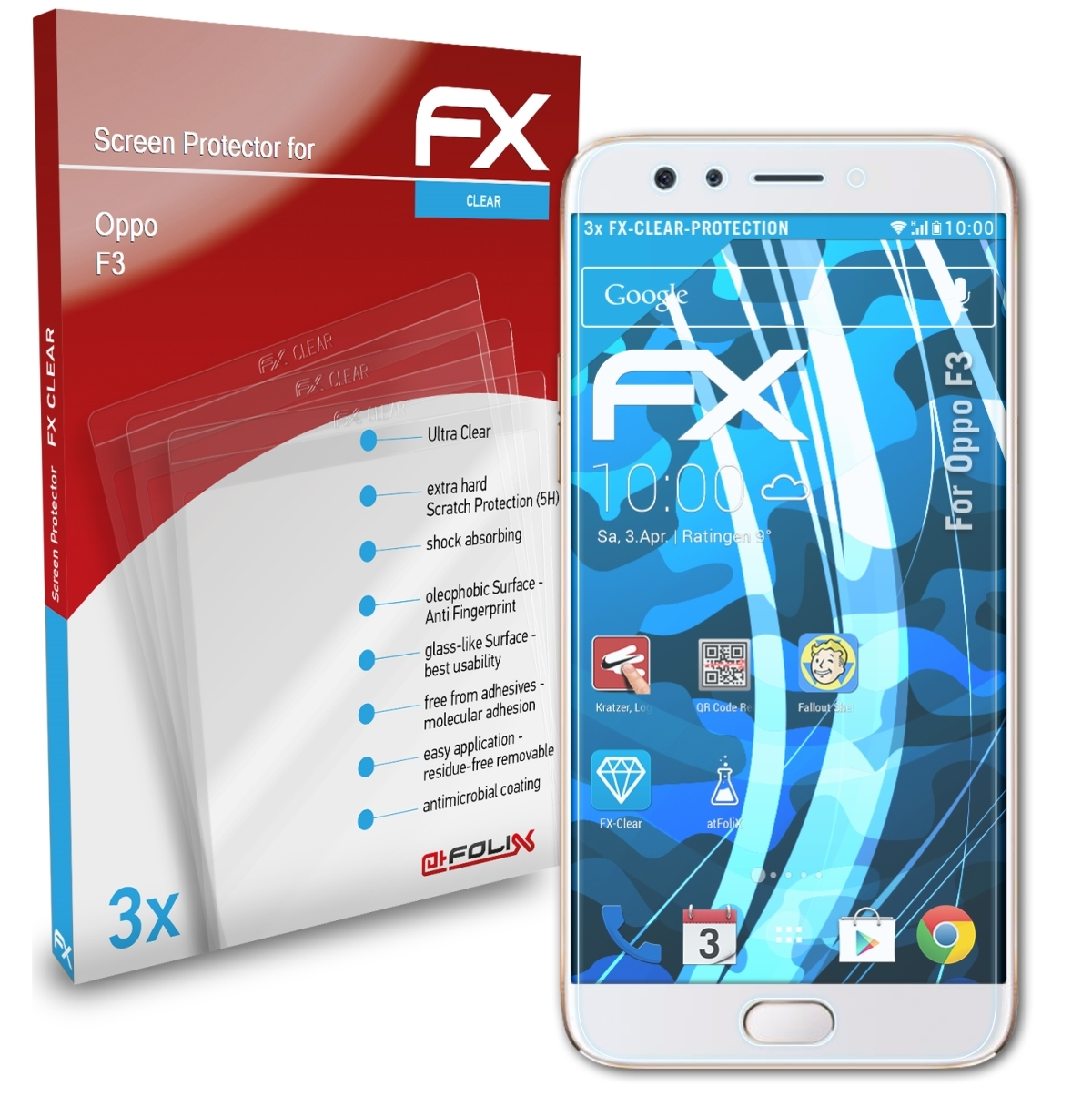 Oppo F3) 3x FX-Clear ATFOLIX Displayschutz(für