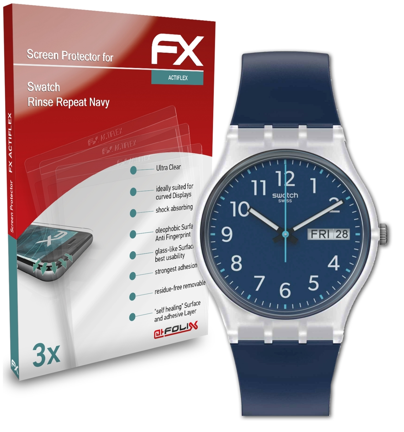 ATFOLIX 3x FX-ActiFleX Displayschutz(für Swatch Repeat Navy) Rinse