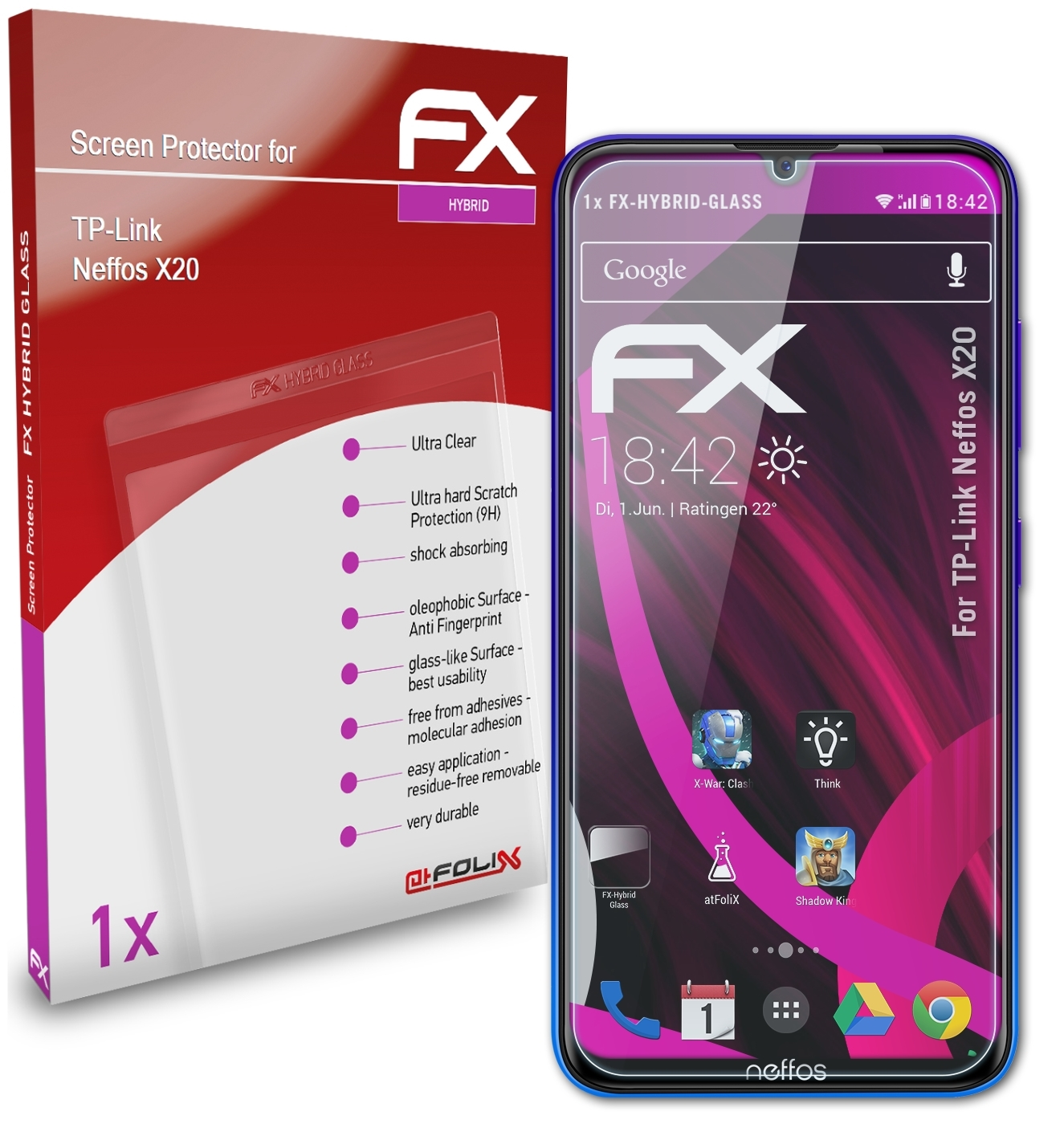 X20) ATFOLIX Schutzglas(für TP-Link FX-Hybrid-Glass Neffos