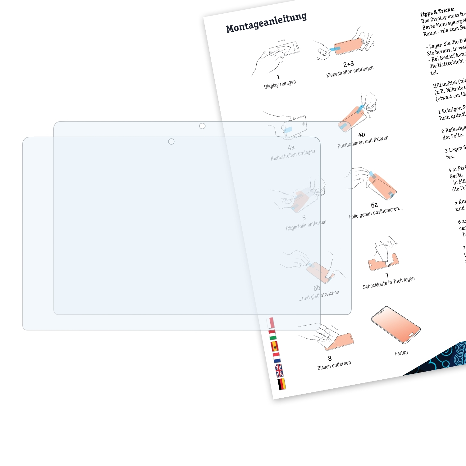 Zwei Displayschutzfolien auf weißem Blatt. Anweisungen und Flaggen im Hintergrund.