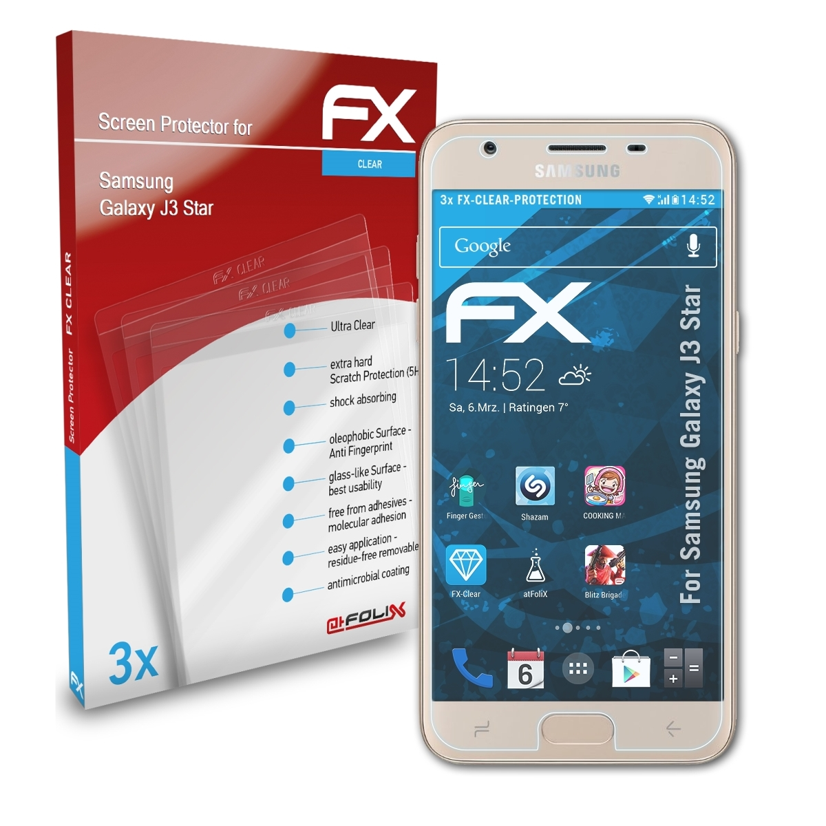 Displayschutz(für Star) Galaxy J3 FX-Clear Samsung ATFOLIX 3x