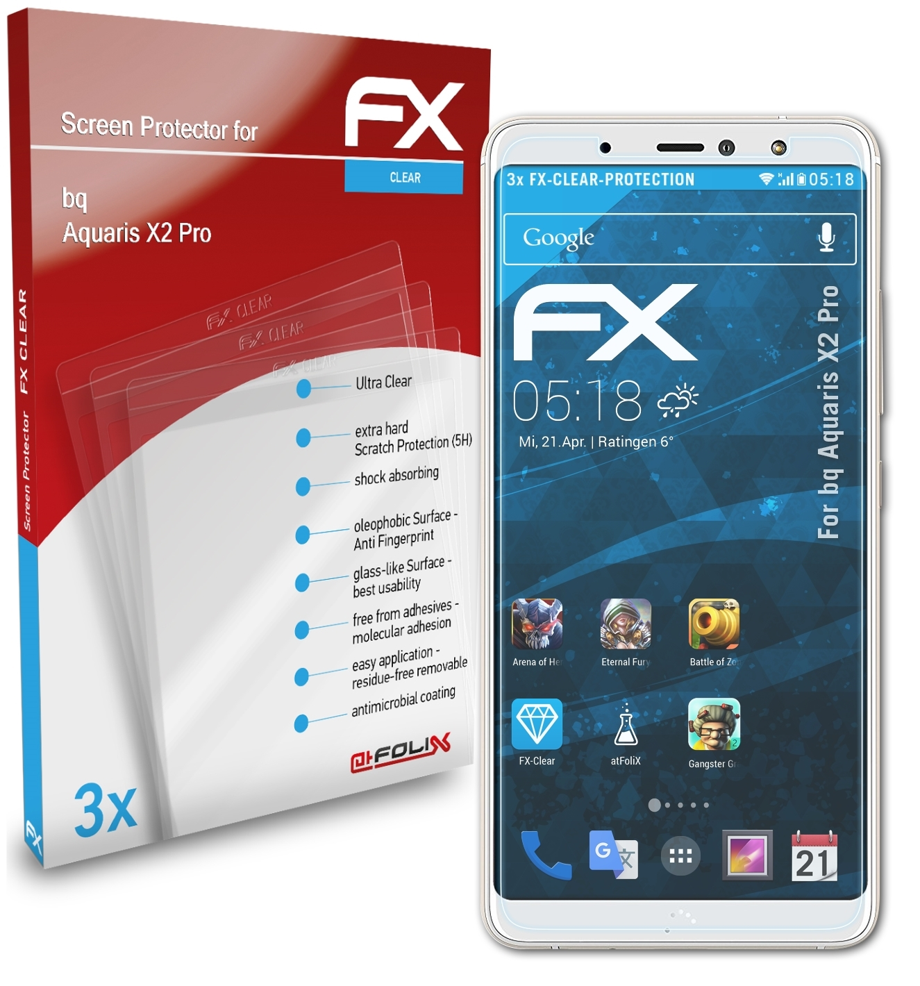 ATFOLIX 3x Displayschutz(für Pro) bq Aquaris FX-Clear X2