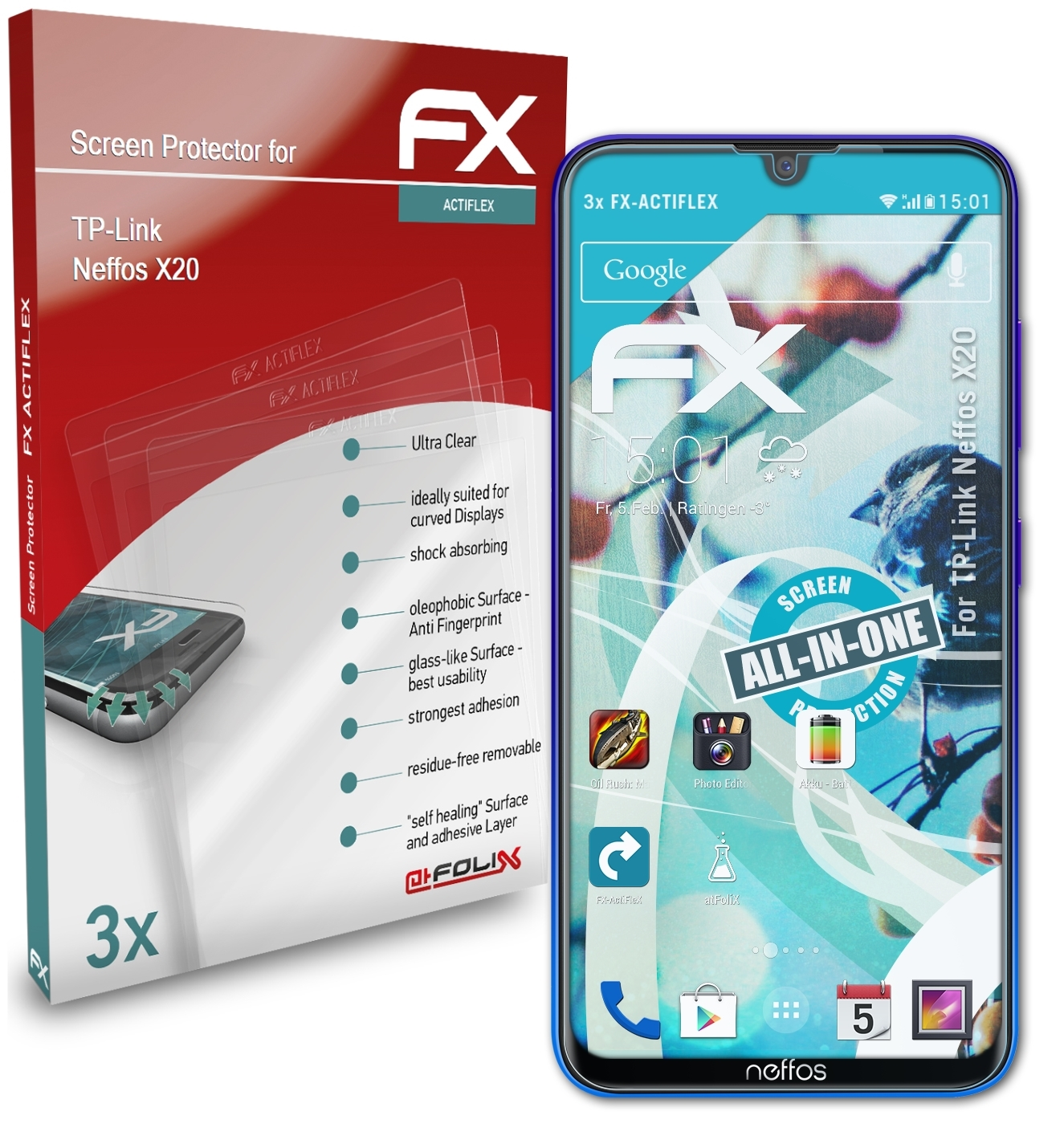 ATFOLIX 3x X20) Neffos FX-ActiFleX TP-Link Displayschutz(für