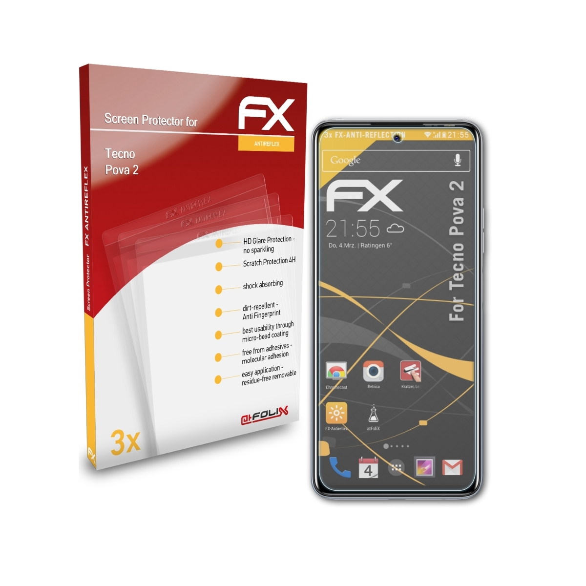 3x Tecno 2) FX-Antireflex Displayschutz(für ATFOLIX Pova