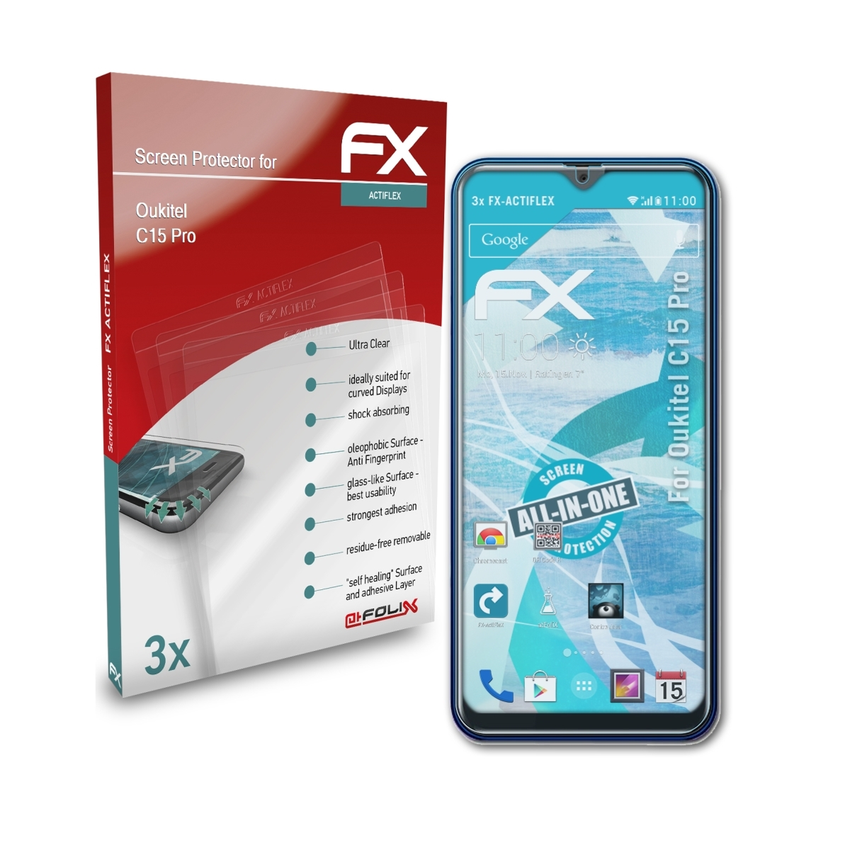 ATFOLIX 3x Displayschutz(für Pro) Oukitel C15 FX-ActiFleX