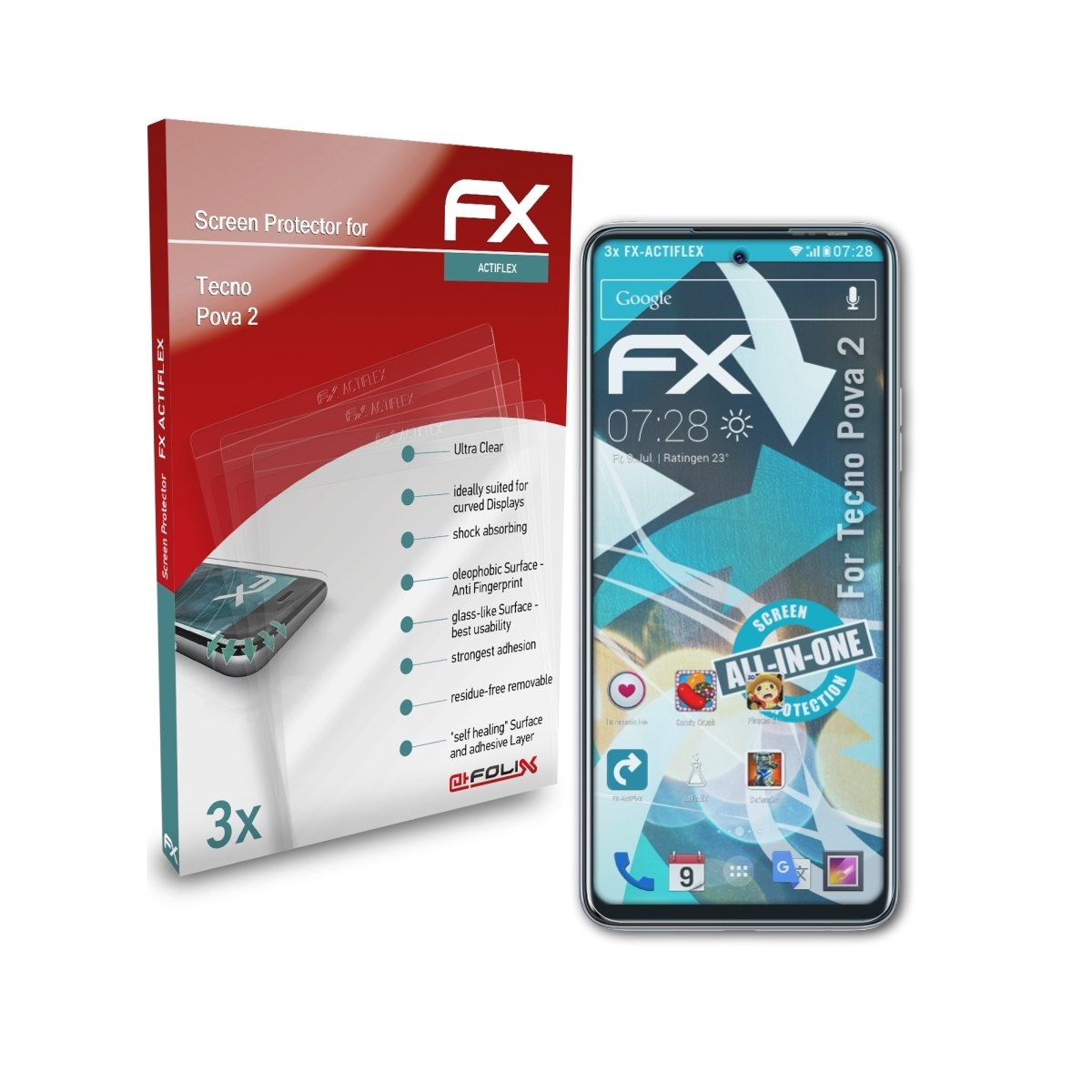 ATFOLIX Tecno 3x Pova Displayschutz(für 2) FX-ActiFleX