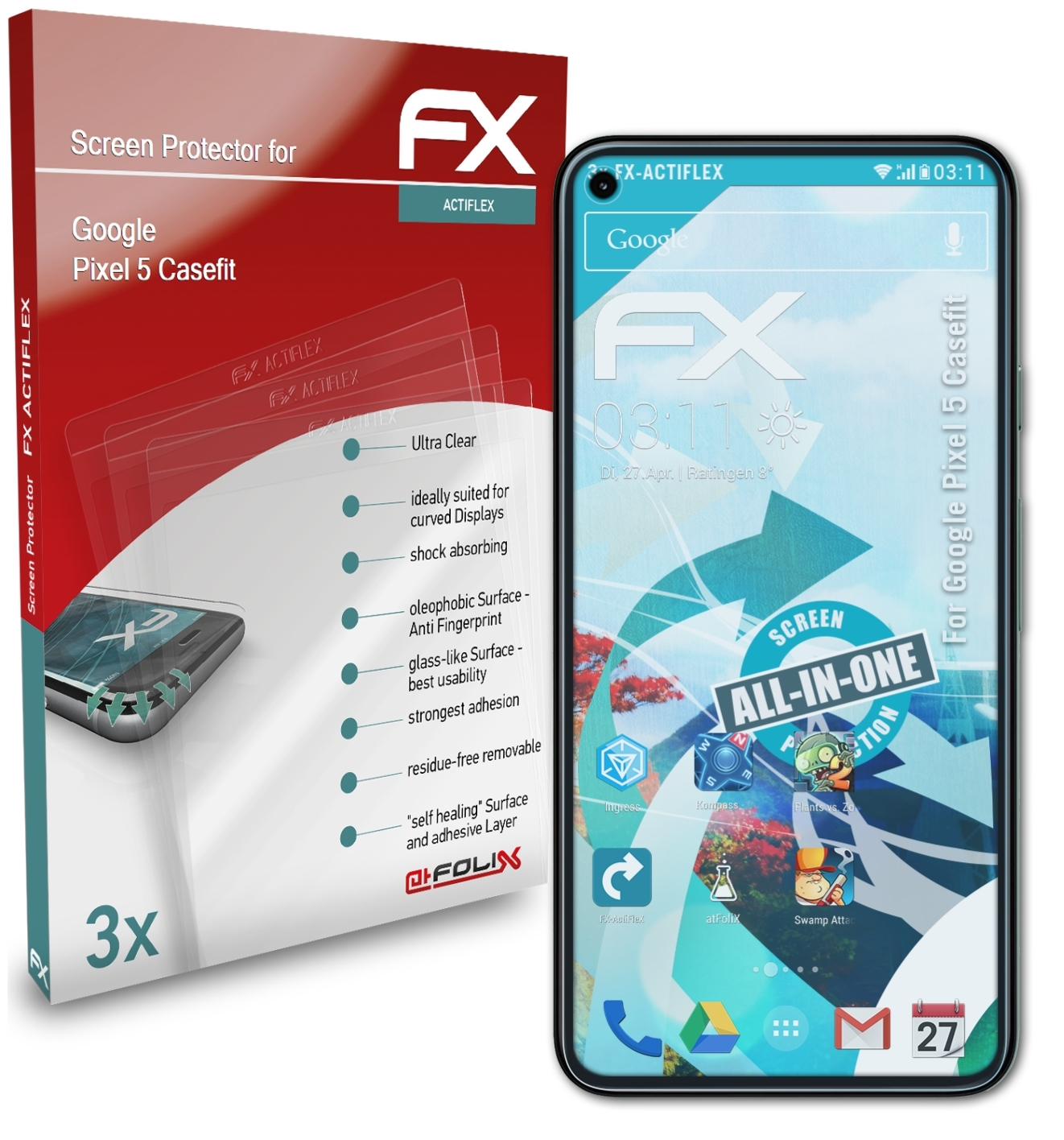 (Casefit)) Google 3x Displayschutz(für FX-ActiFleX Pixel ATFOLIX 5