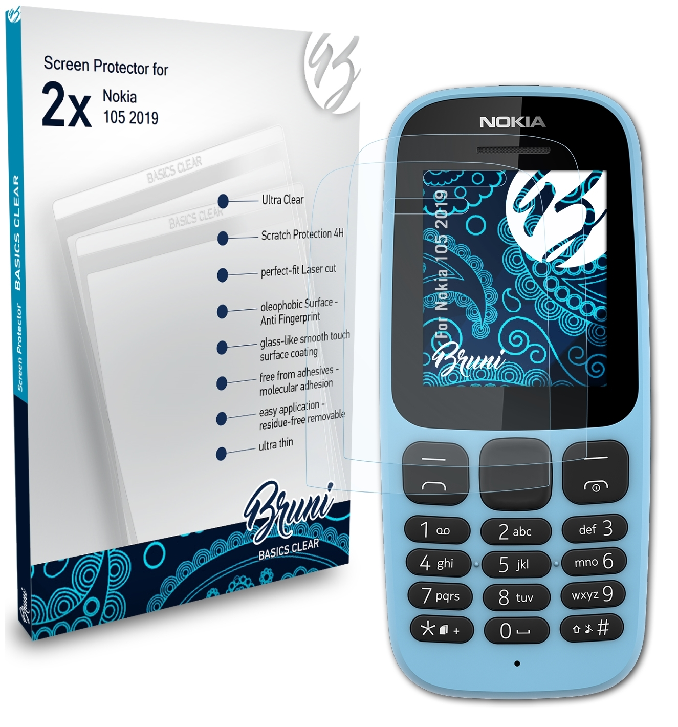 2x (2019)) Basics-Clear BRUNI 105 Schutzfolie(für Nokia