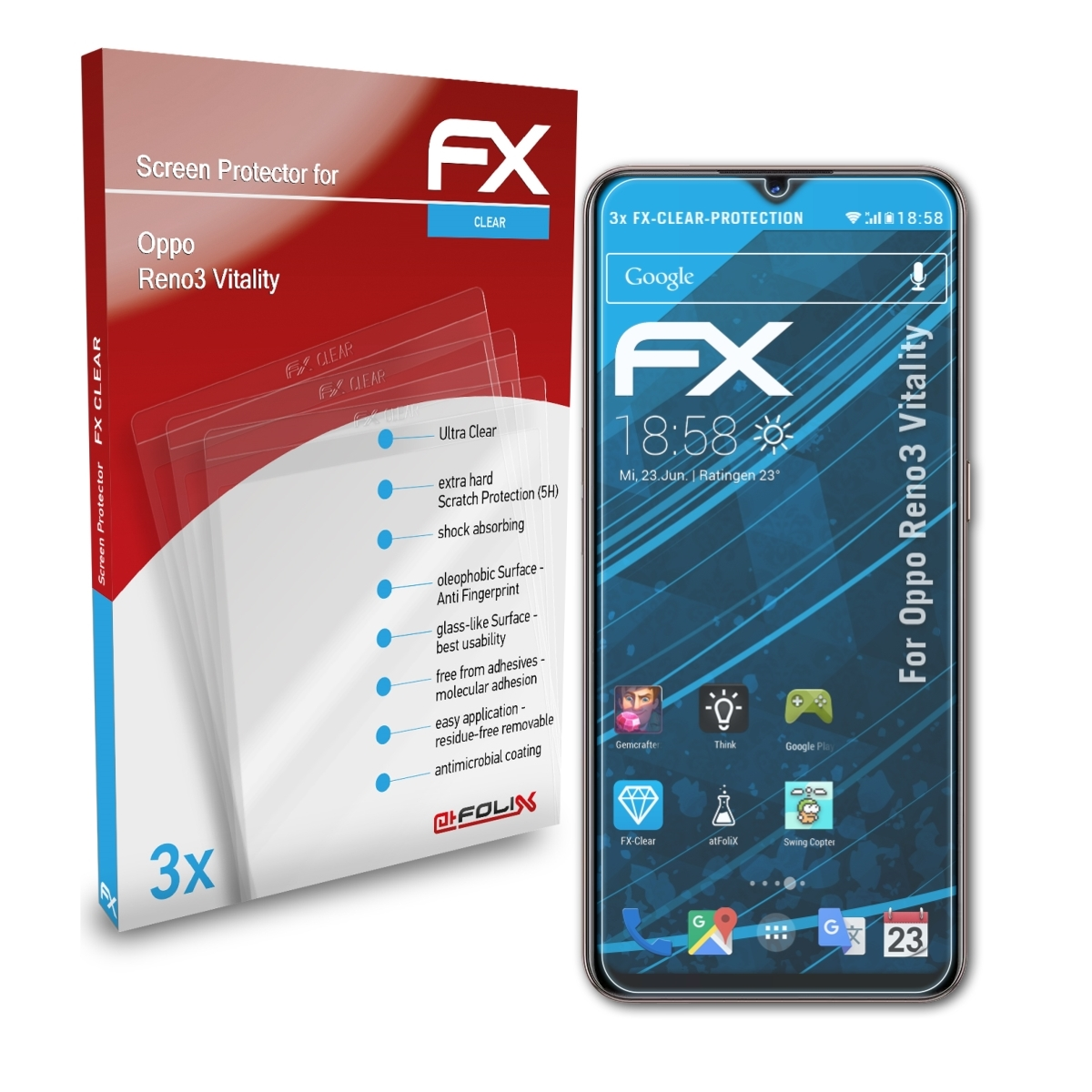 ATFOLIX 3x FX-Clear Vitality) Oppo Displayschutz(für Reno3