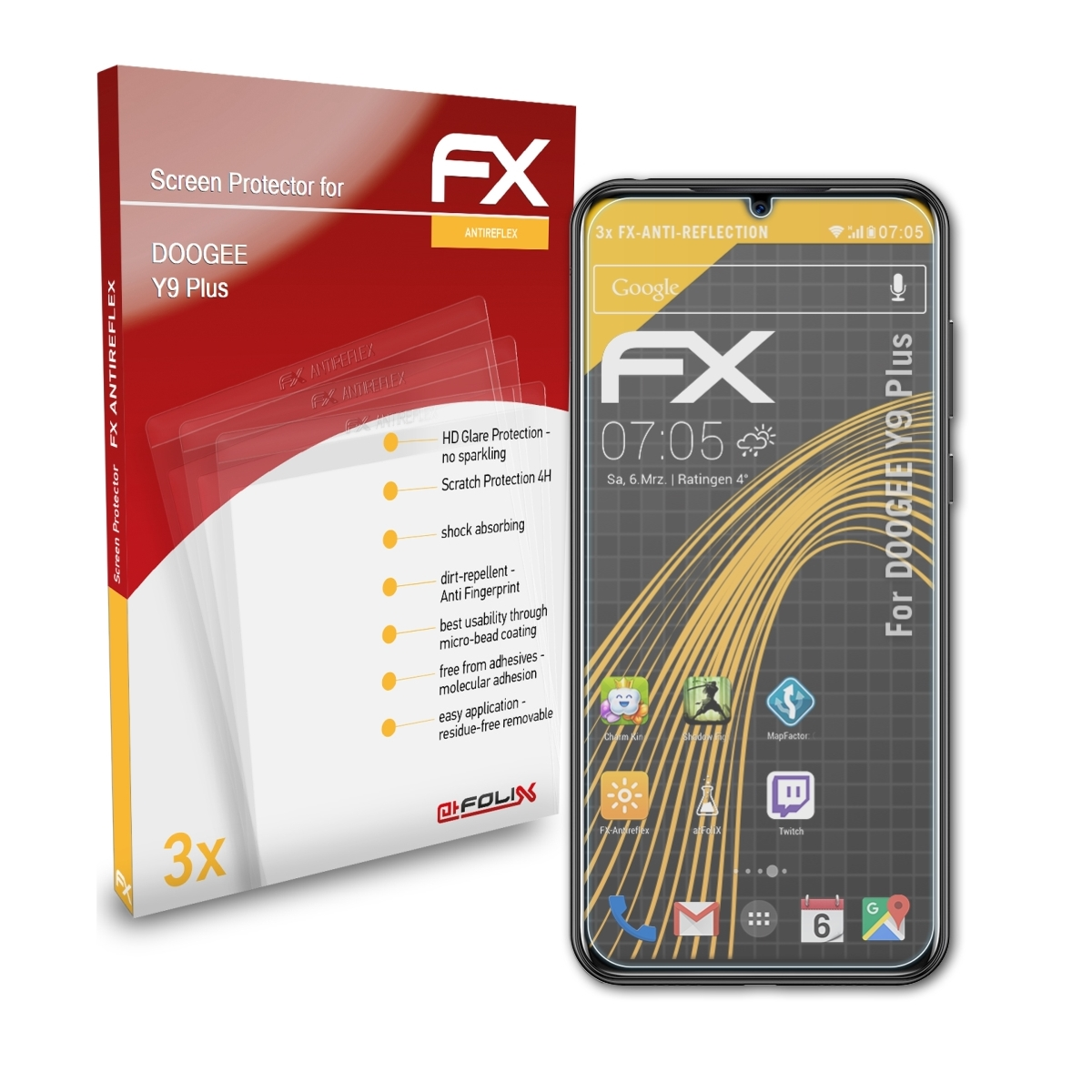 ATFOLIX 3x Doogee FX-Antireflex Displayschutz(für Y9 Plus)