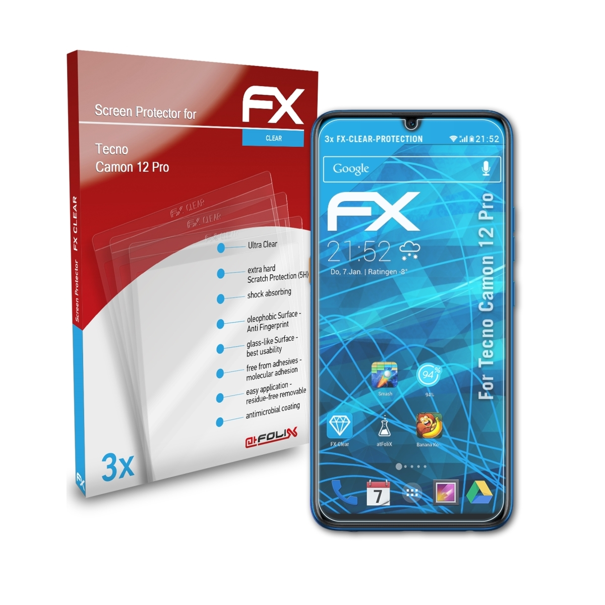 ATFOLIX 3x FX-Clear 12 Tecno Displayschutz(für Camon Pro)