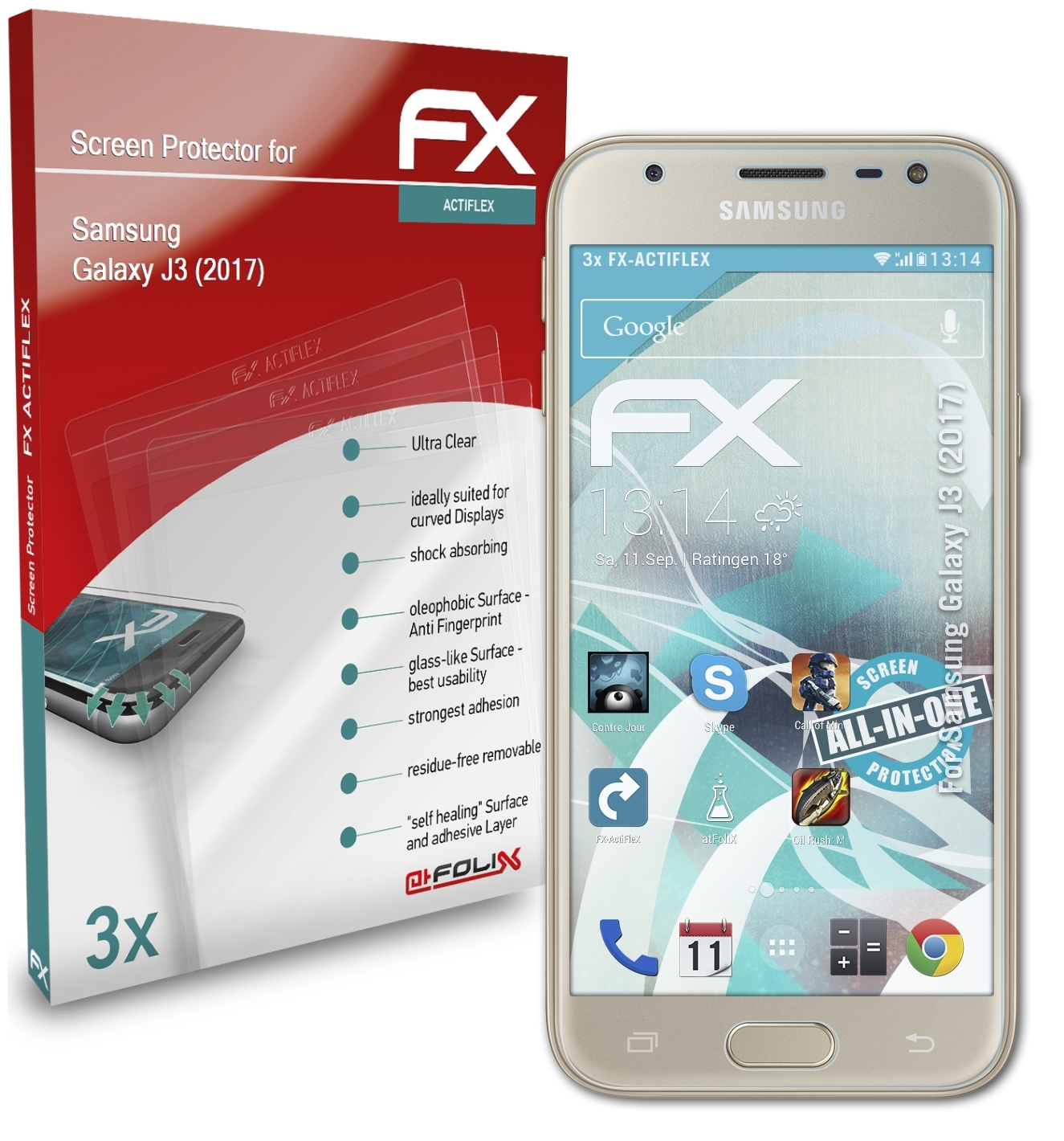 ATFOLIX 3x FX-ActiFleX Displayschutz(für Samsung (2017)) Galaxy J3