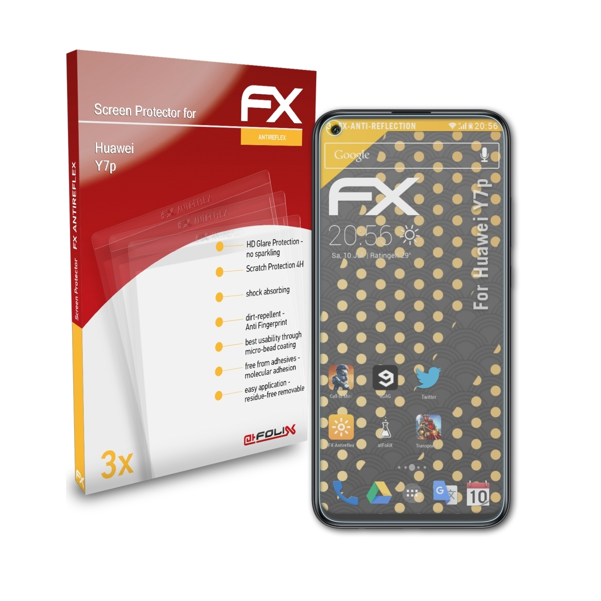 ATFOLIX FX-Antireflex Y7p) Huawei 3x Displayschutz(für