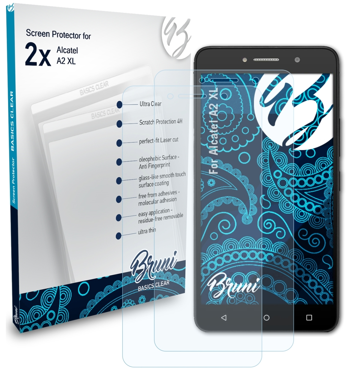 2x A2 XL) Alcatel Basics-Clear Schutzfolie(für BRUNI