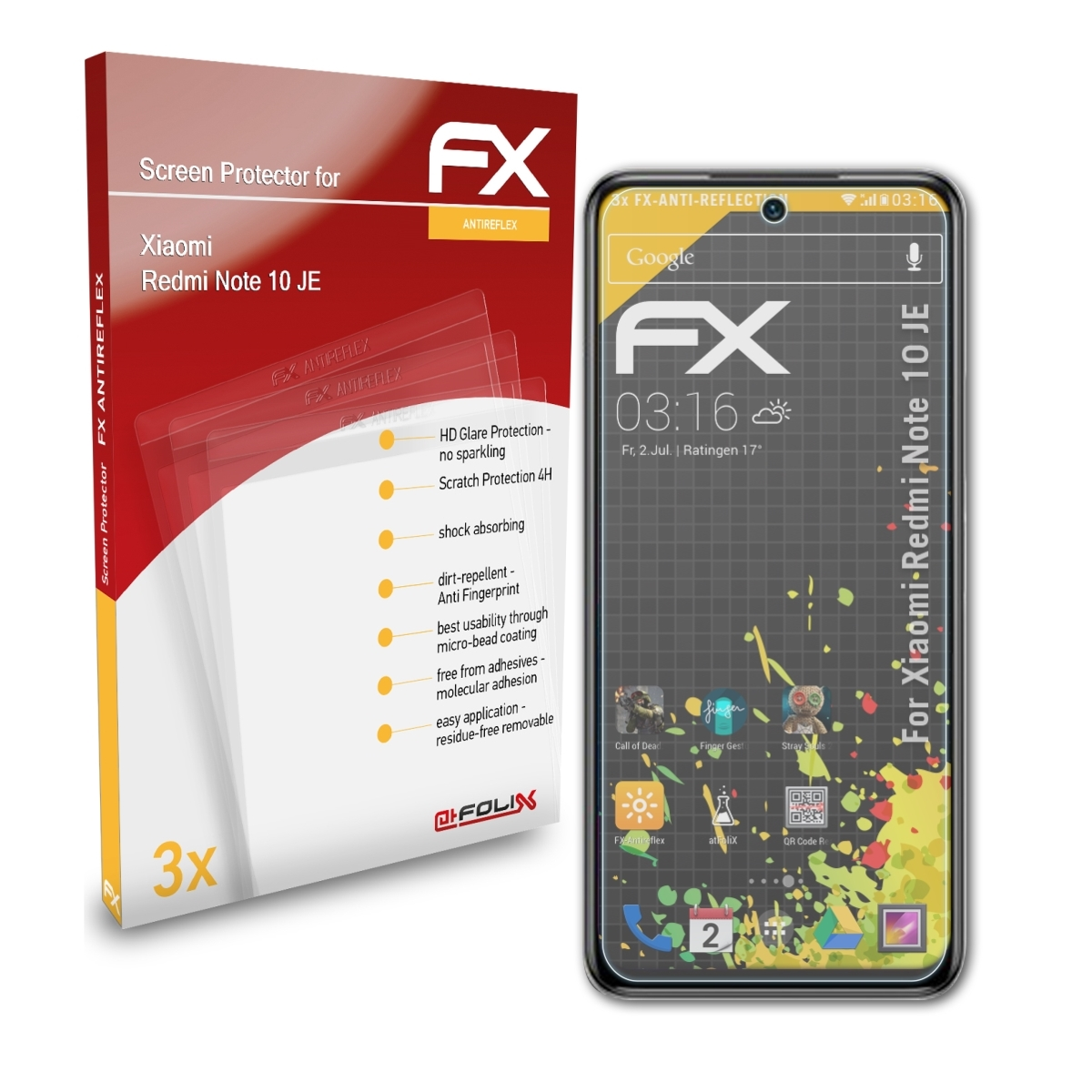 Note FX-Antireflex Xiaomi Redmi 3x ATFOLIX 10 Displayschutz(für JE)