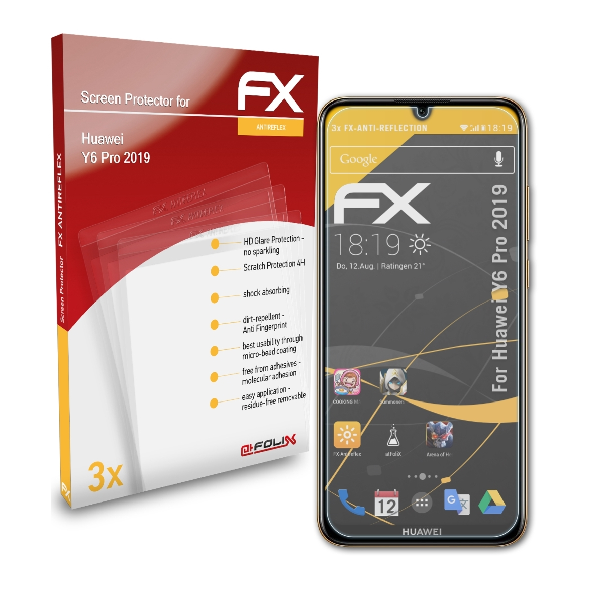 ATFOLIX 3x FX-Antireflex Displayschutz(für 2019) Huawei Pro Y6