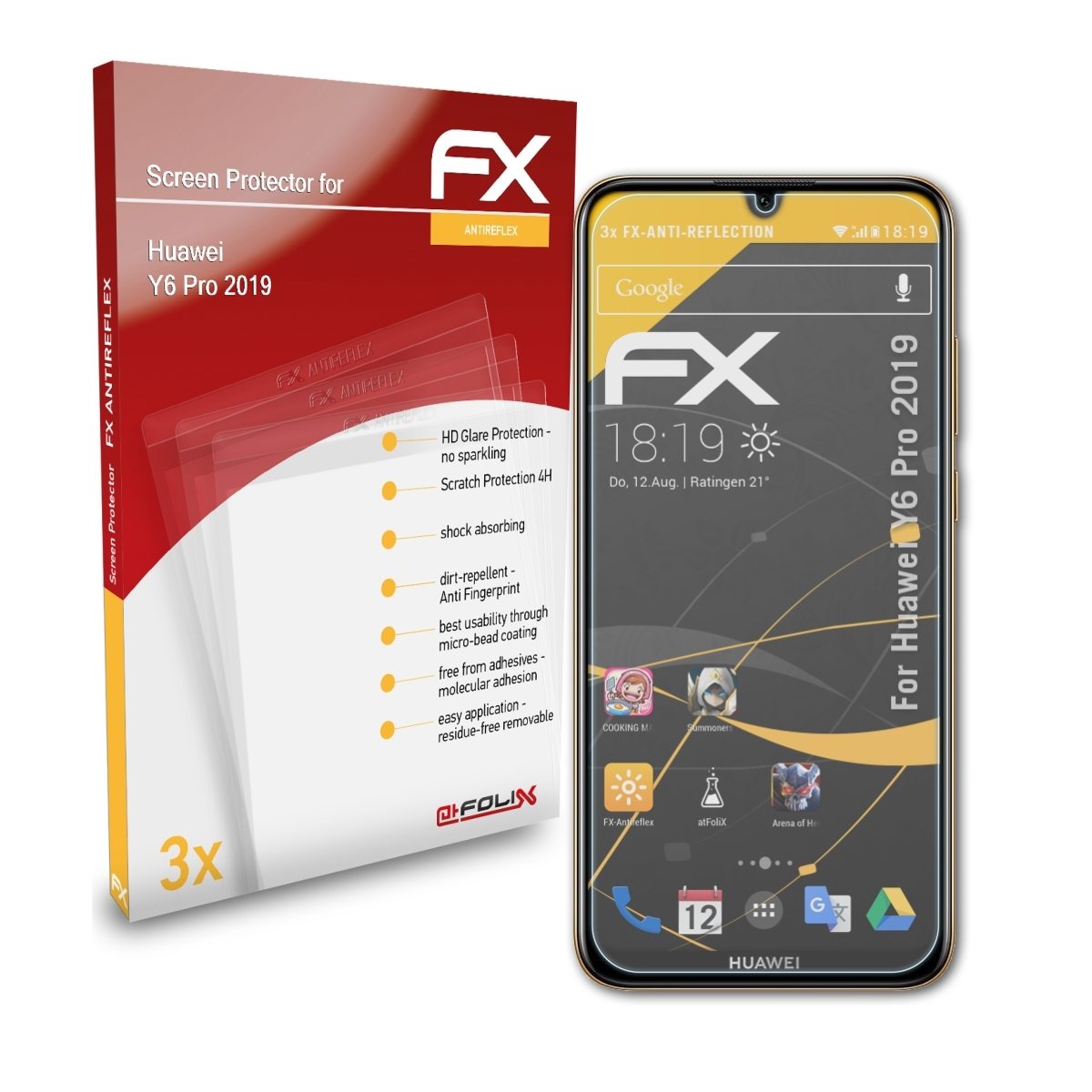 ATFOLIX 3x FX-Antireflex Displayschutz(für Huawei Y6 Pro 2019)