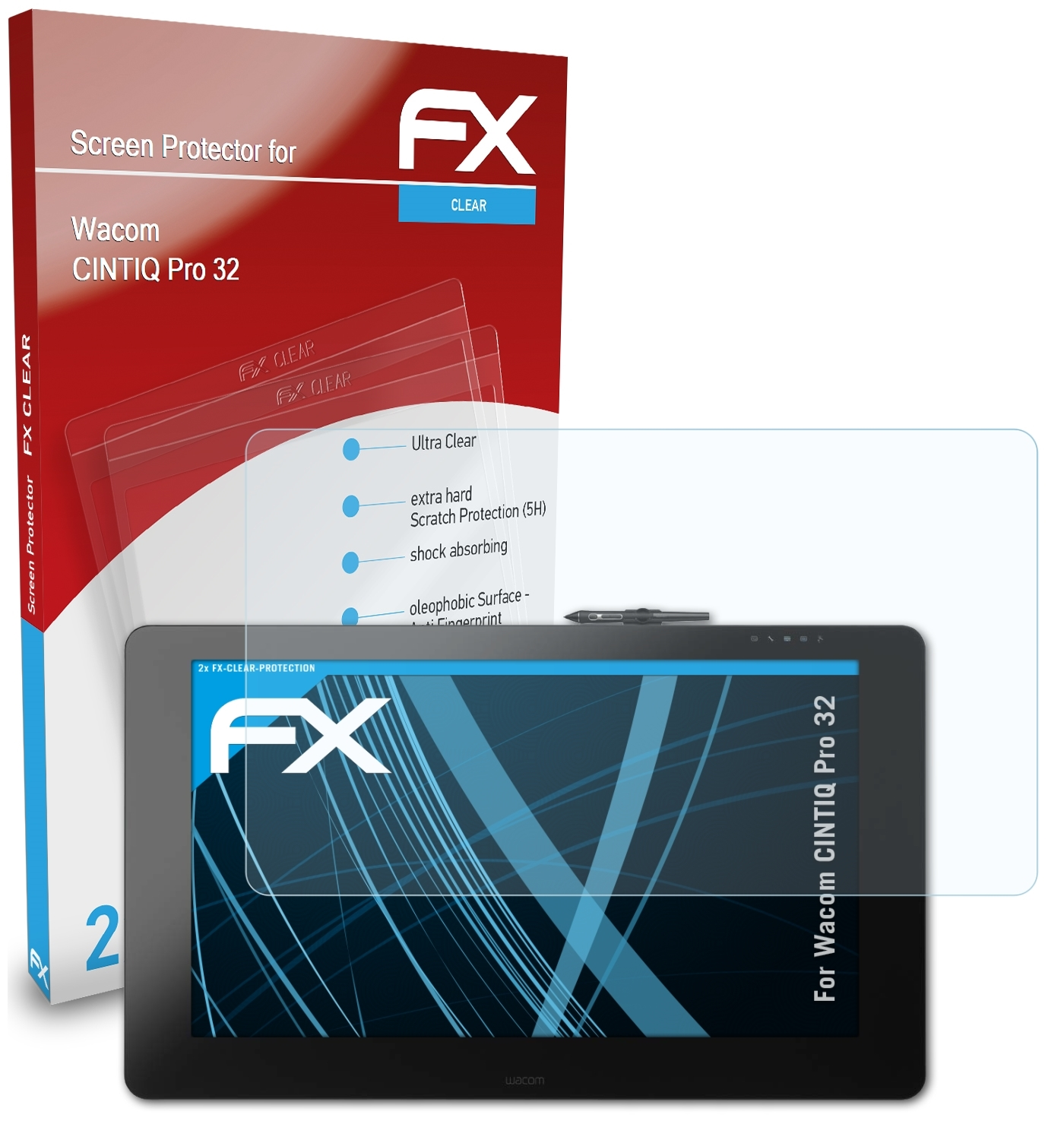 ATFOLIX 2x FX-Clear Displayschutz(für Wacom CINTIQ 32) Pro
