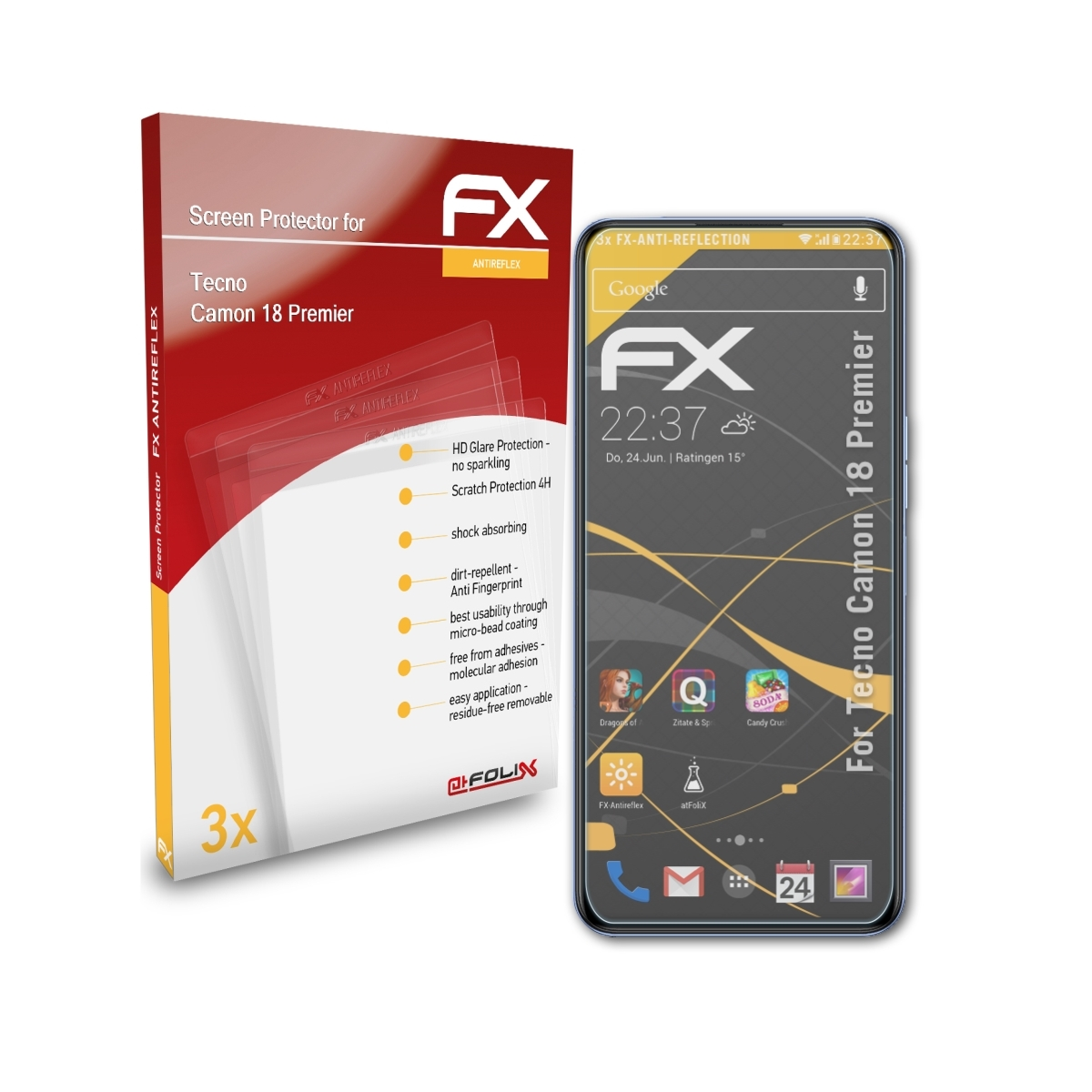ATFOLIX 3x FX-Antireflex Tecno 18 Displayschutz(für Camon Premier)