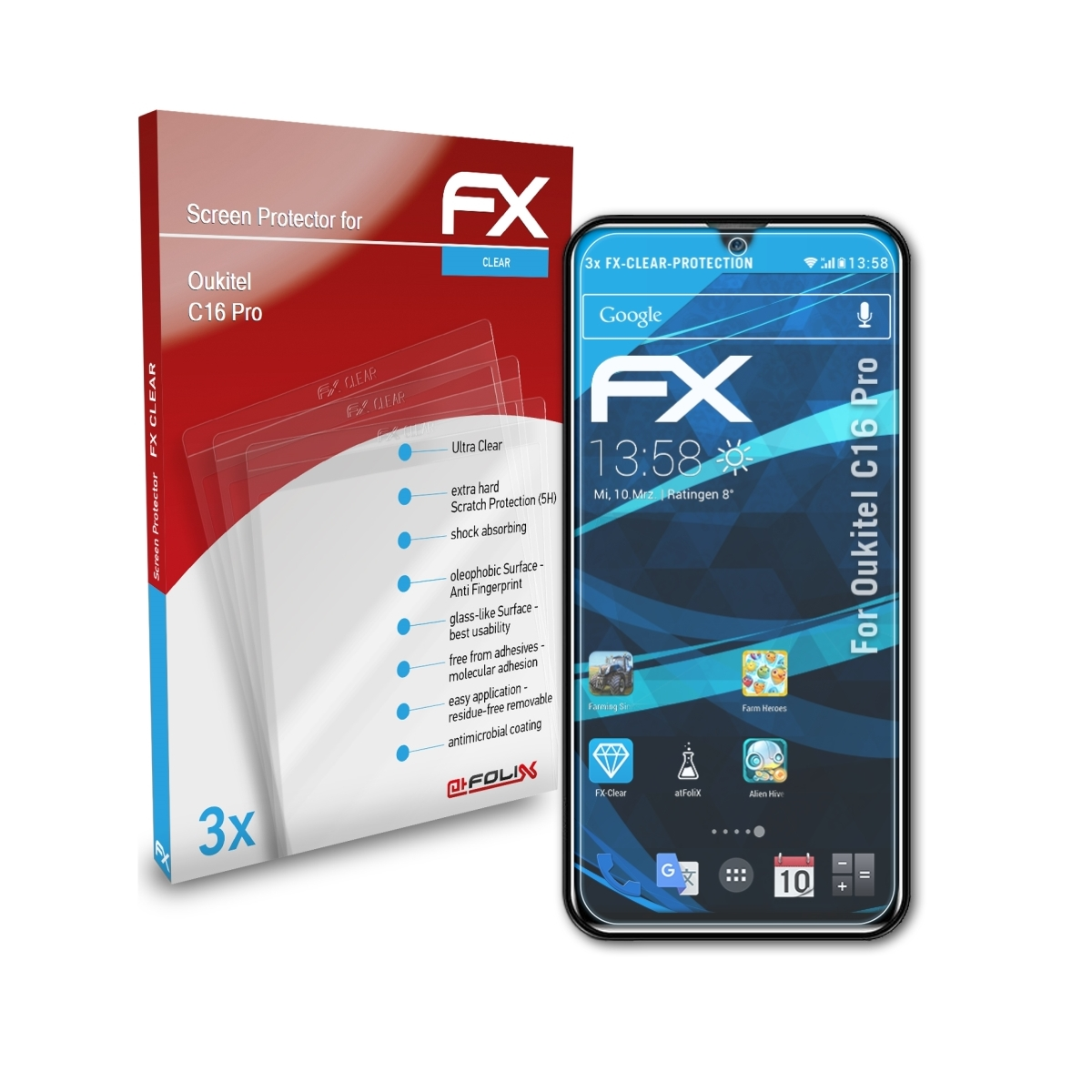 ATFOLIX 3x FX-Clear Displayschutz(für Oukitel C16 Pro)
