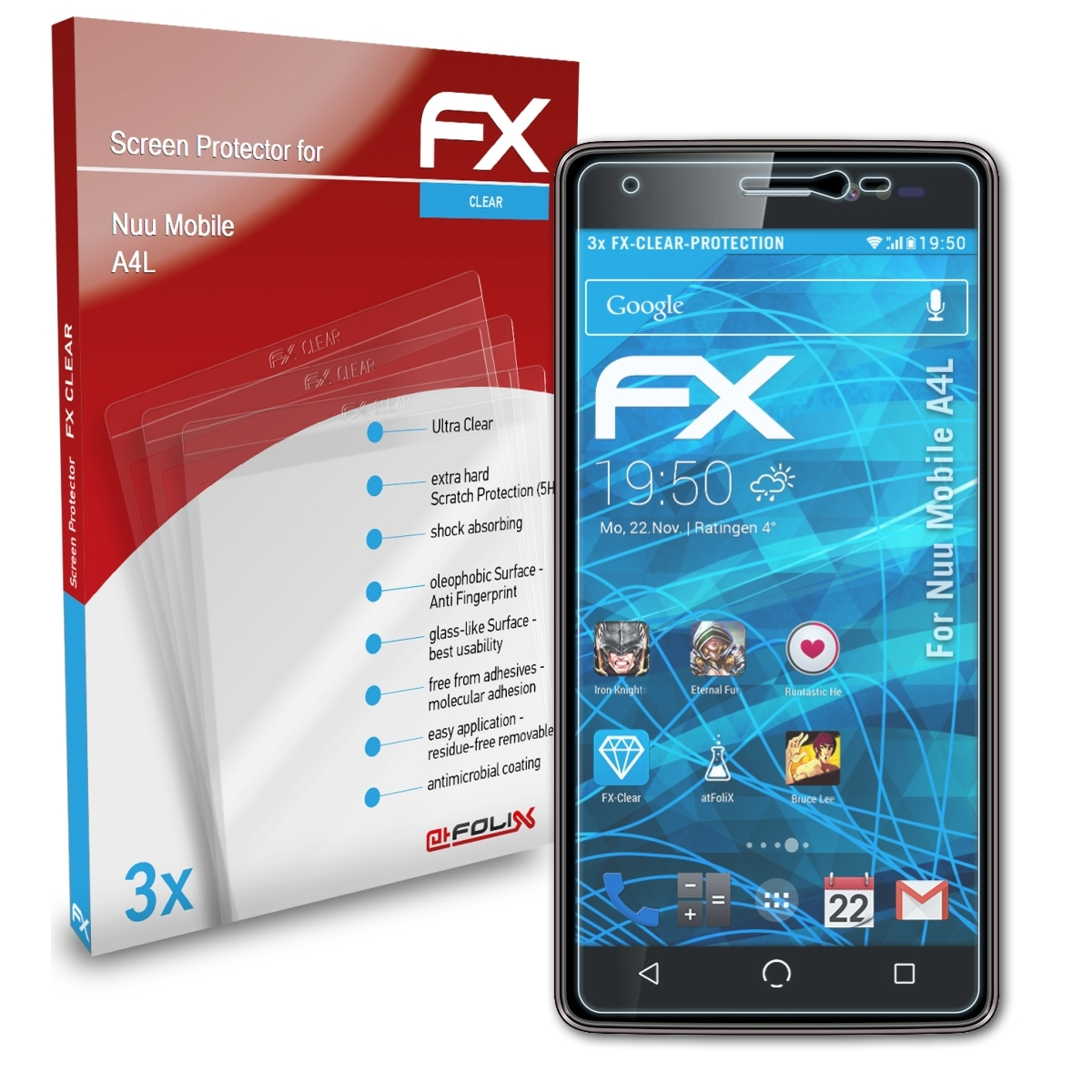 ATFOLIX 3x FX-Clear Displayschutz(für Nuu Mobile A4L)