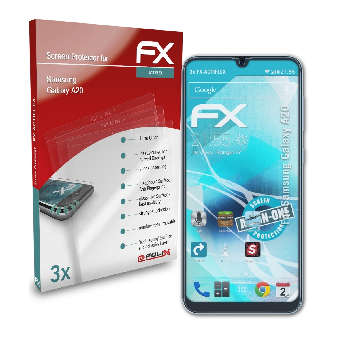 Displayschutz(für 3x Galaxy Samsung ATFOLIX A20) FX-ActiFleX