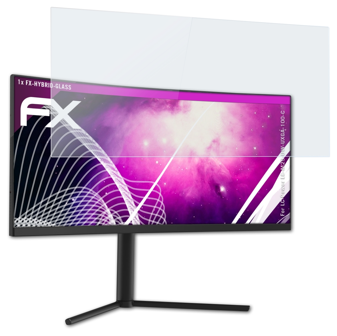 Ein Monitor mit Displayschutz wird angezeigt. Der Bildschirm zeigt ein Galaxienbild. Ein klarer Schutz wird angezeigt.