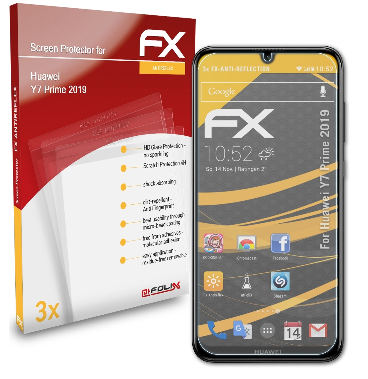 ATFOLIX 3x FX-Antireflex Displayschutz(für Huawei Y7 Prime 2019)