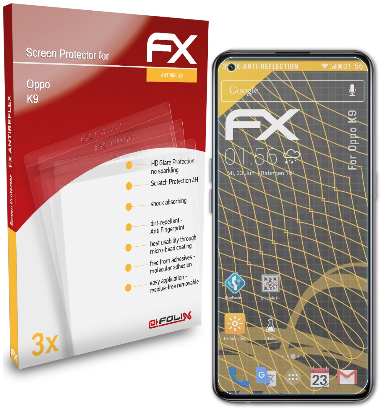ATFOLIX 3x Oppo Displayschutz(für FX-Antireflex K9)