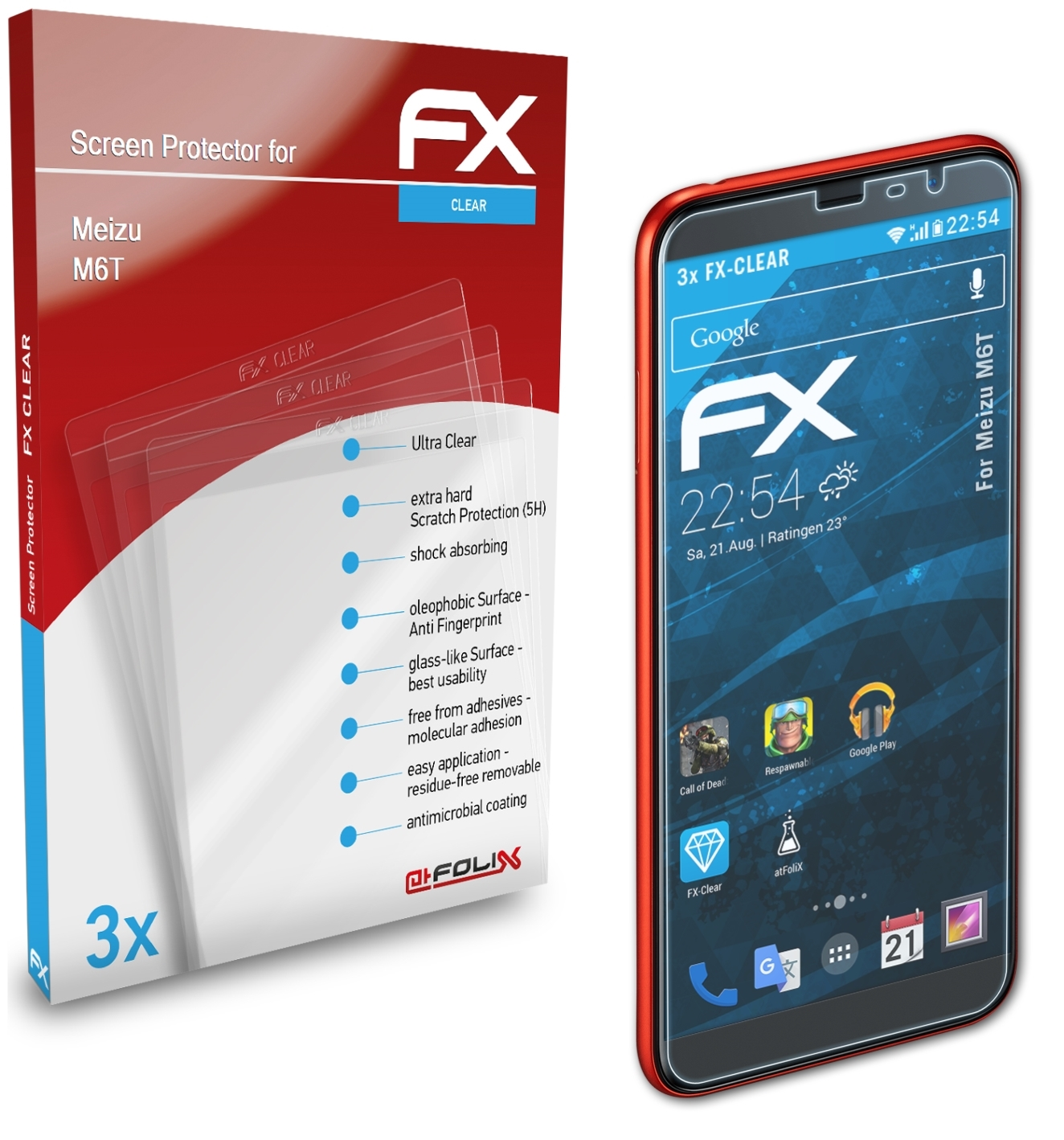 ATFOLIX 3x FX-Clear Displayschutz(für M6T) Meizu