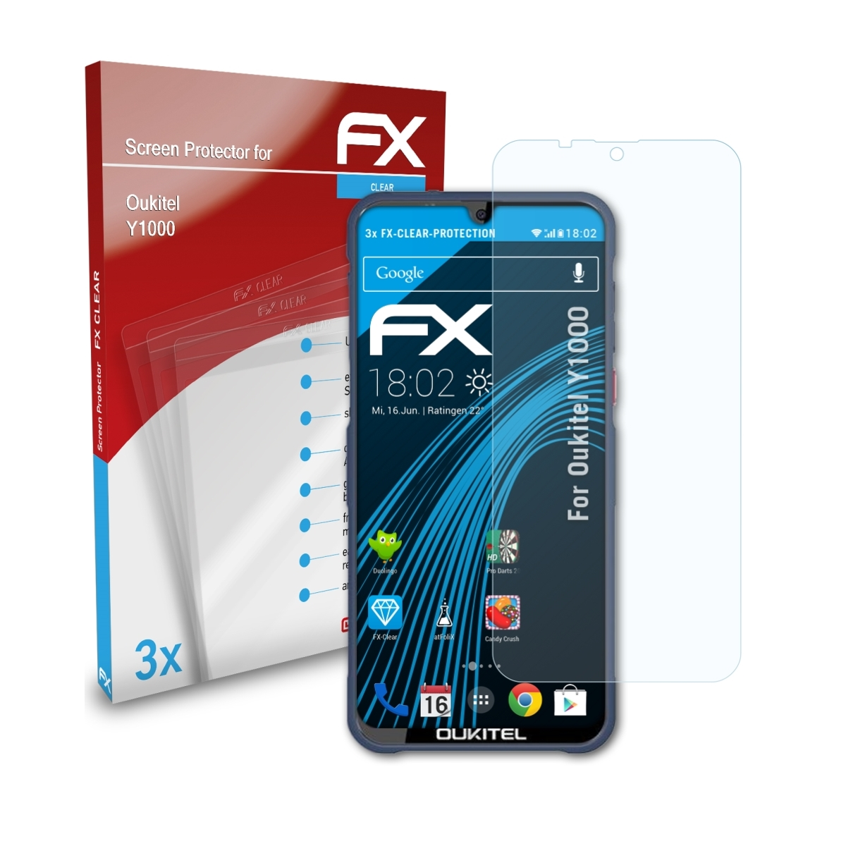 Y1000) Displayschutz(für ATFOLIX Oukitel 3x FX-Clear