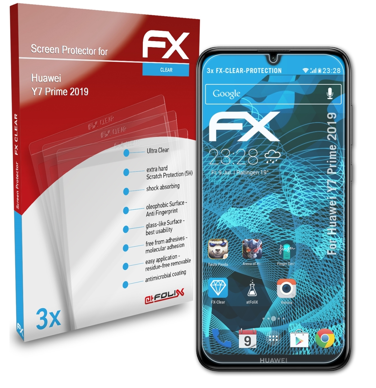 Y7 3x Huawei ATFOLIX Prime FX-Clear 2019) Displayschutz(für