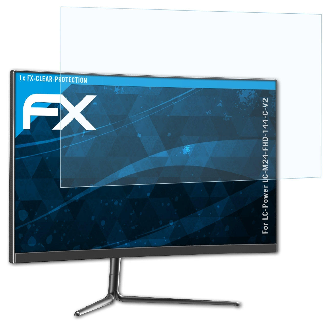 Computermonitor mit angebrachter Displayschutzfolie, der eine blaue Grafik zeigt.